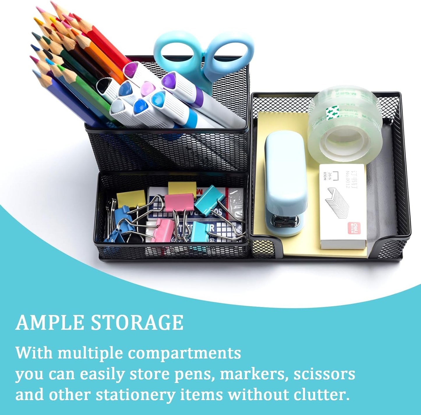 2 Pieces Black Mesh Pen Holder Desktop Organizers Pencil Holder for Desk 3 Compartments Metal Office Supply Organizer with Sticky Notes Holder forOffice Desk Accessories