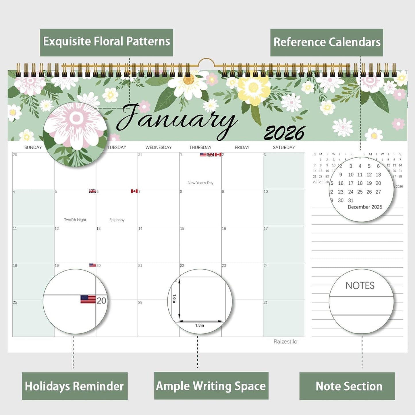 Calendar 2025-2026, Monthly Desk Calendar from July 2025 to December 2026, 17" x 12", Large Desktop Calendar Monthly, Perfect for Home or Office, Floral (Wall(17" x 12"))
