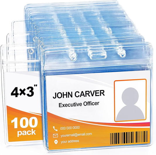 100 Pcs Clear Plastic Extra Thick Horizontal Card Holders, 4x3 Inch Sealable Waterproof Name Badge Bank ID Card Protector
