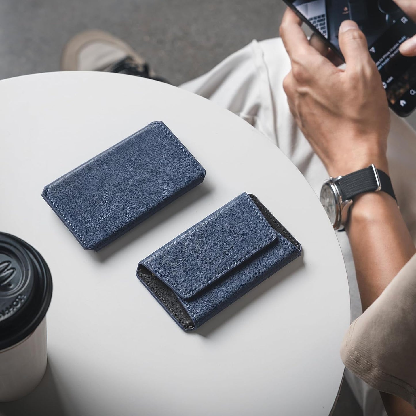 VULKIT Leather Business Card Holder Case for Men Slim Pocket Business Card Wallet Name Card Case Holder, Holds 20 Business Cards Navy