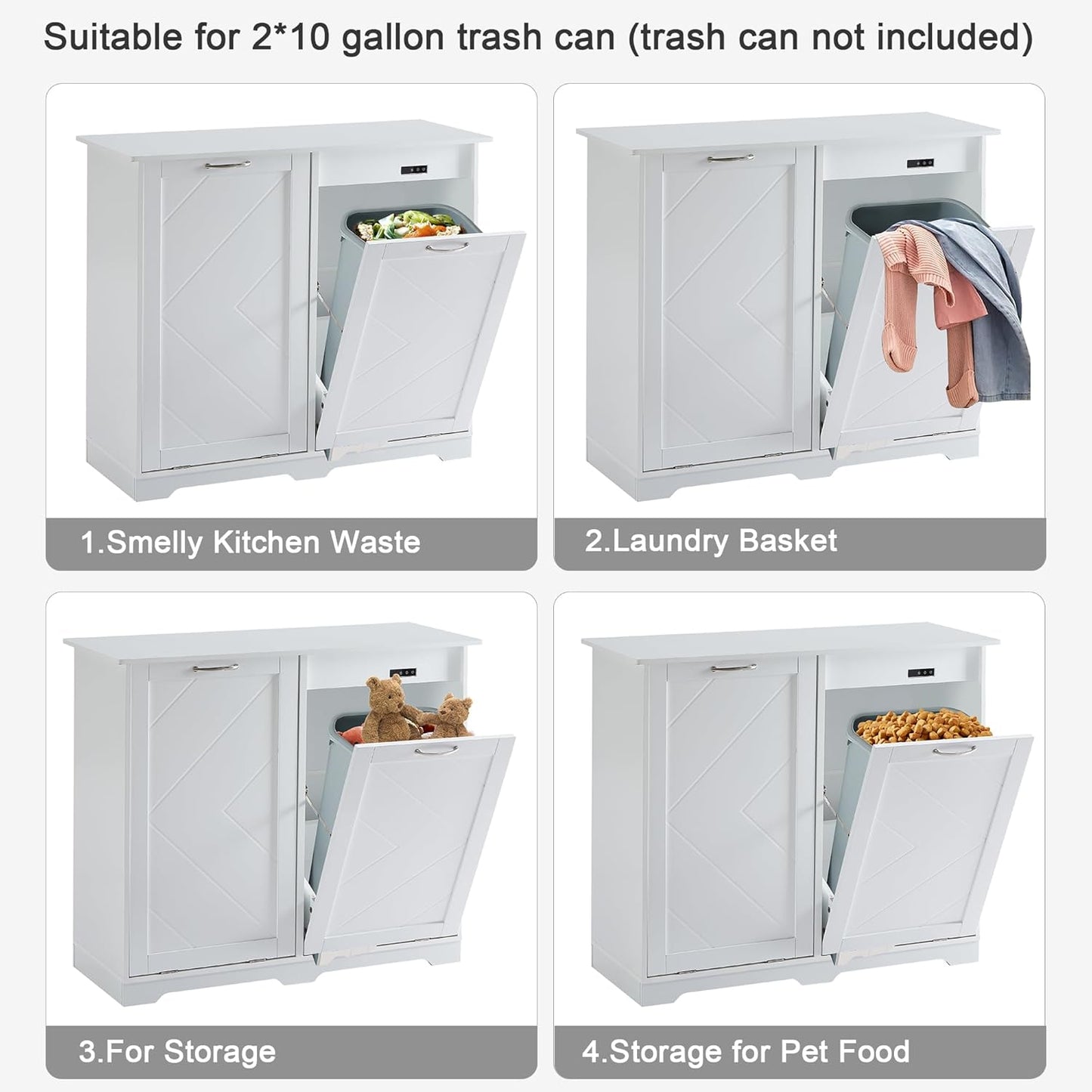 VECELO Double Tilt Out Kitchen Trash Bin Cabinet Dog Proof Garbage Can with Wood Holder Free Standing Recycling, White