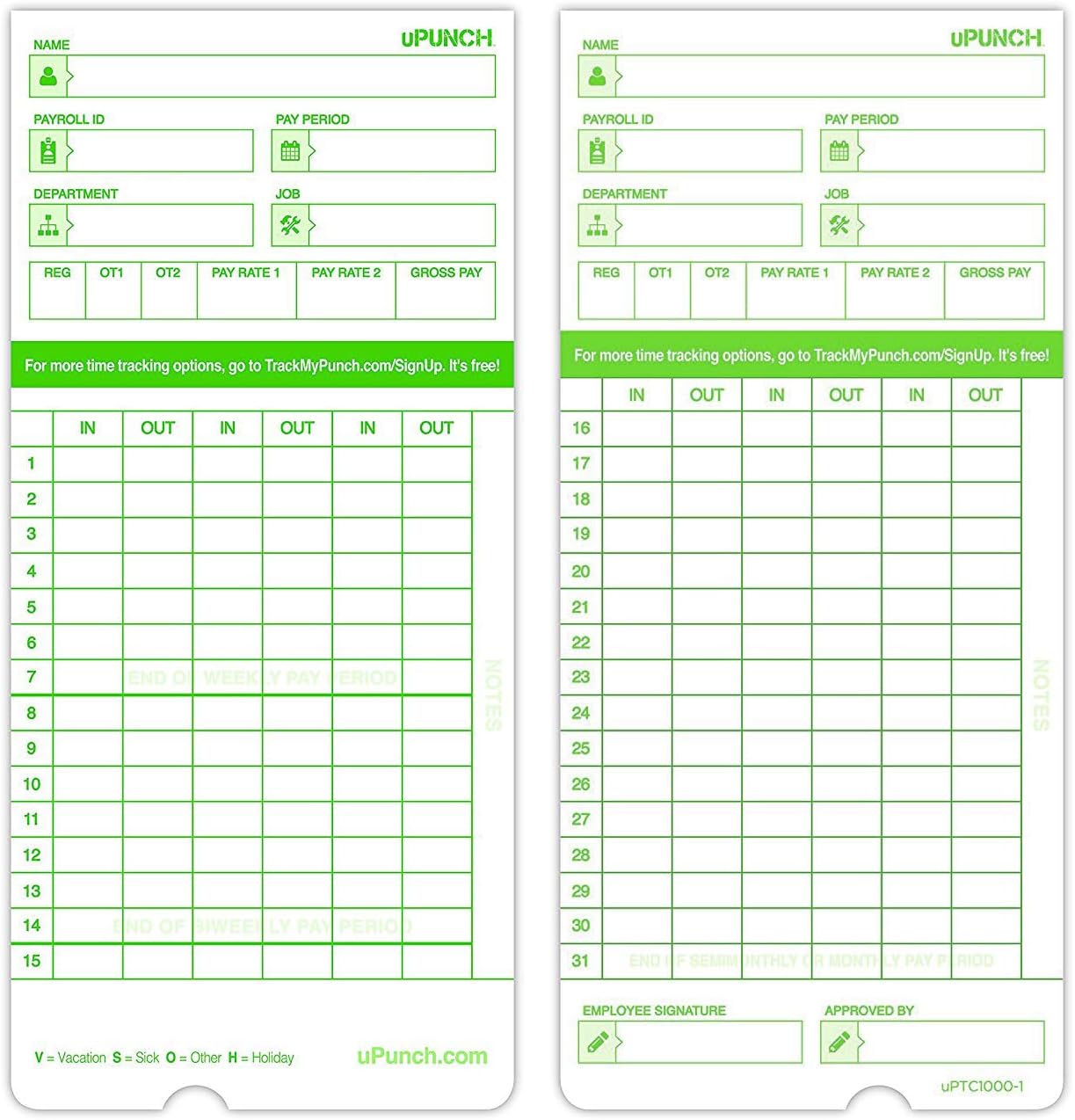 uPunch 300 Time Cards for Green HN3000 AutoAlign Time Clocks (HNTCG1300)