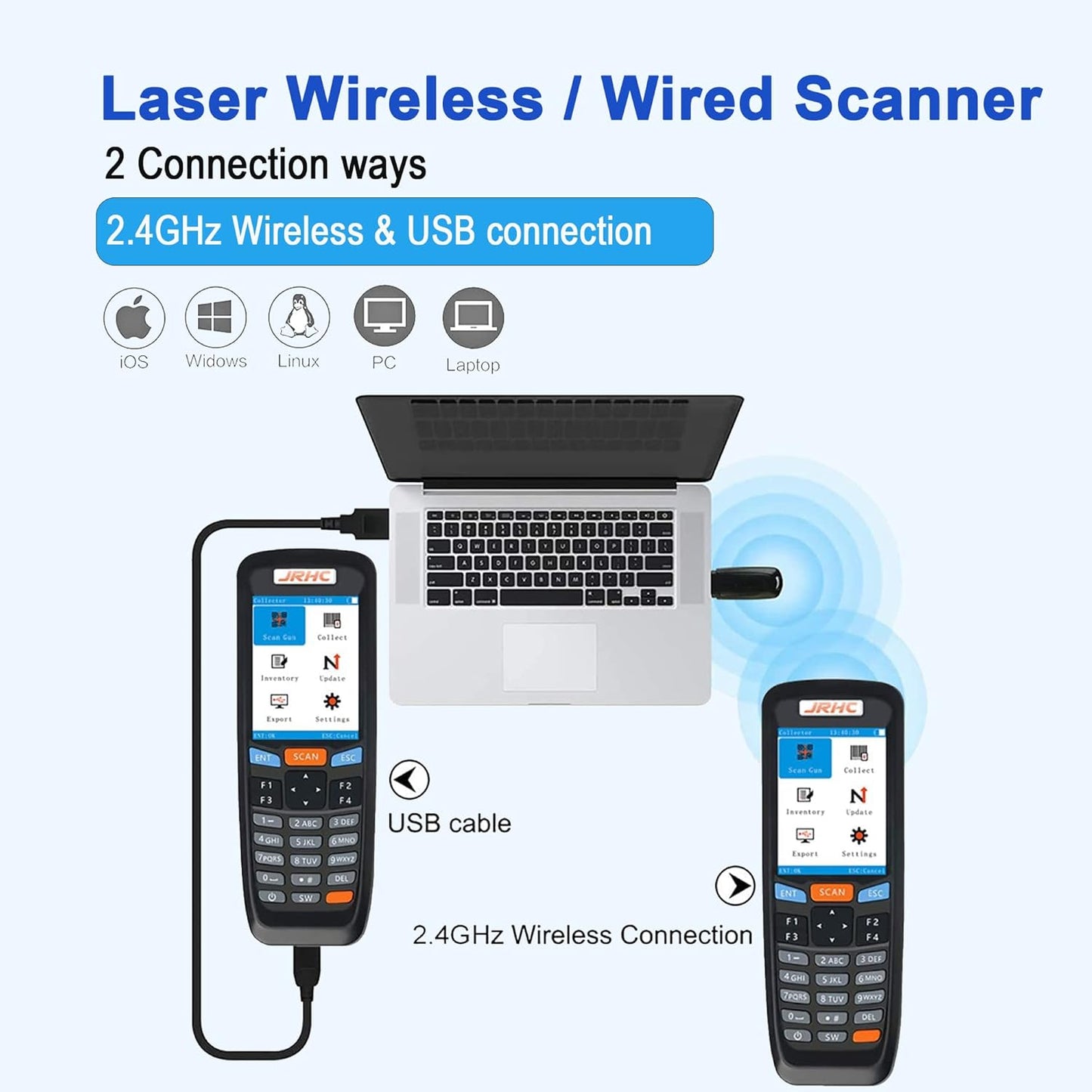 1D Wireless Bar Code Scanner, JRHC Laser Barcode Scanner Inventory Scanner Reader with Screen Data Collector Portable Reader Scan Gun Cordless for Store, Supermarket, Warehouse, Library, Medical