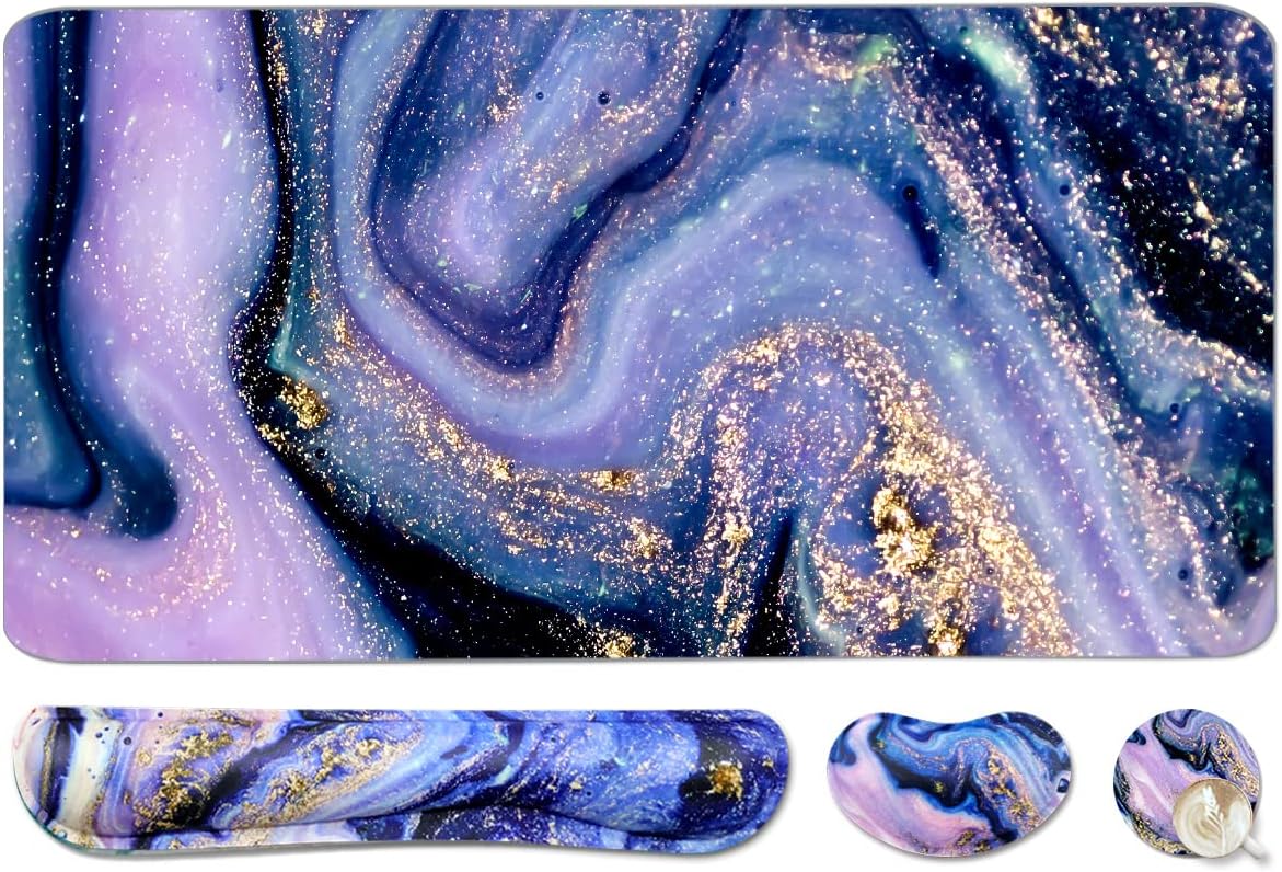 Keyboard Mouse Pad Set, Extended Mouse Pad+Keyboard Wrist Rest Support, Memory Foam Ergonomic Easy Typing, 3Pcs (35.4×15.7 in) Desk Pad Set for Home Office Study Game-Purple Marble