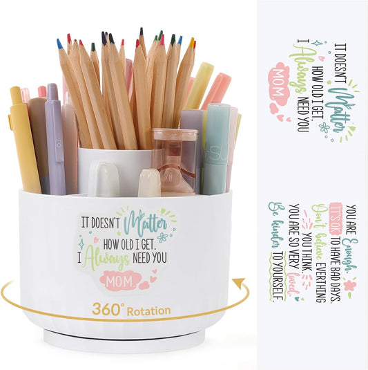 SKYDUE 360 Degree Rotating Desk Organizer, Dual-Purpose Pencil Pen Holder for Desk, Rotating Pencil Cup with Stickers, Office Supplies, Desk Decor for Office, School, Home