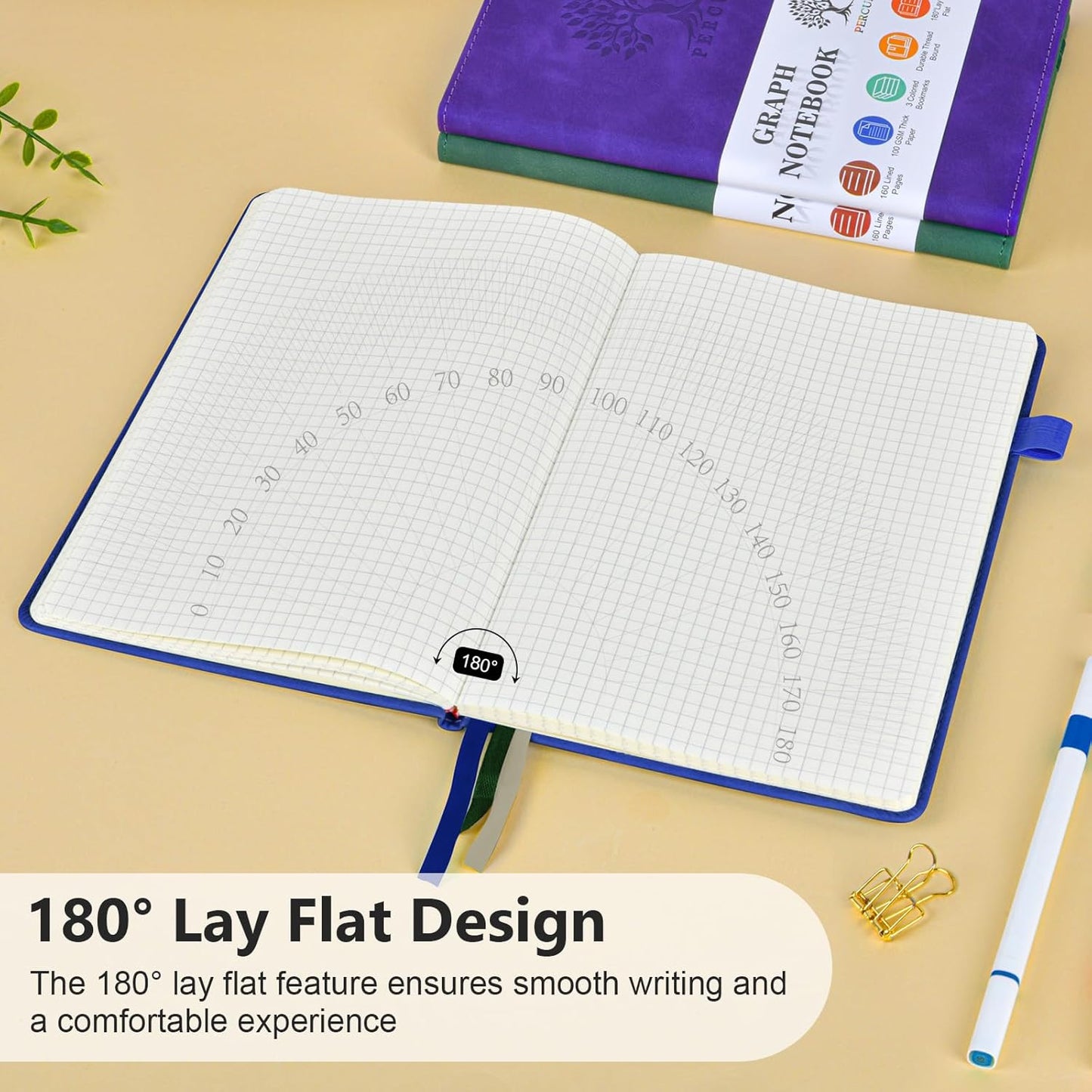 Graph Paper Notebook, 160 Pages Grid Journal for women & men, A5 Hardcover Leather Graphing Notebook for School, Work, Travel, Note Taking 5.9”x8.5” (Navy)