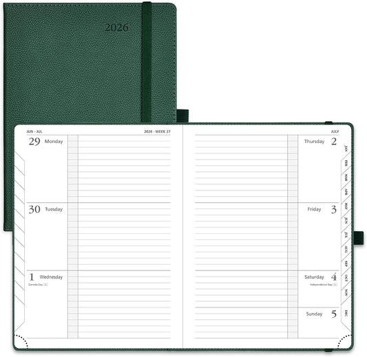 POPRUN 2026 Weekly Planner (Medium 6.75" x 8.75") 12 Months Calendar Notebook with Horizontal Layout, Leather Hardcover, Inner Pocket, 100GSM Thick Paper, Pen Holder - Army Green
