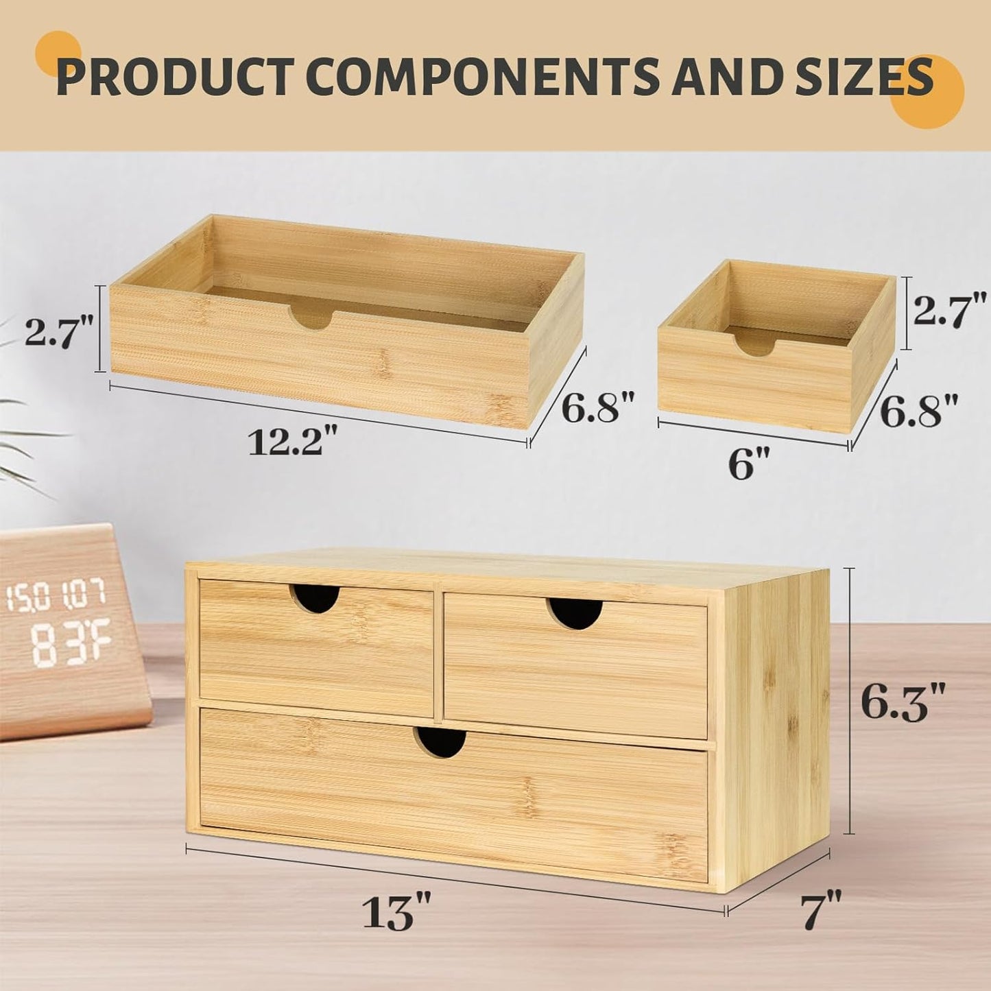 Bamboo Desk Organizer, 3 Drawer Desktop Organizer, Tabletop Storage Organization Box for Bills, Countertop, Home Office Supplies