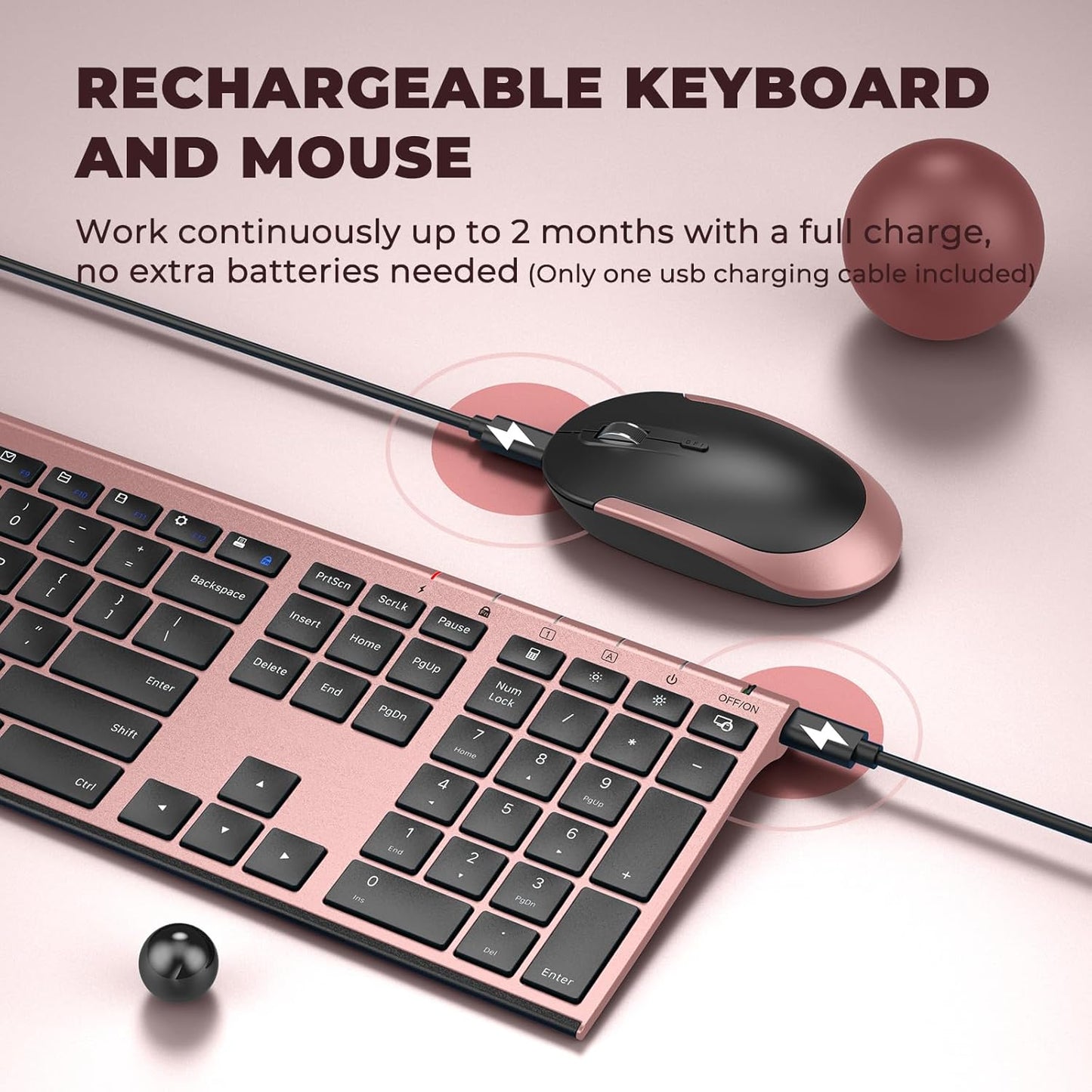 Wireless Keyboard and Mouse, Vssoplor 2.4GHz Rechargeable Compact Quiet Full-Size Keyboard and Mouse Combo with Nano USB Receiver for Windows, Laptop, PC, Notebook-Black and Rose Gold