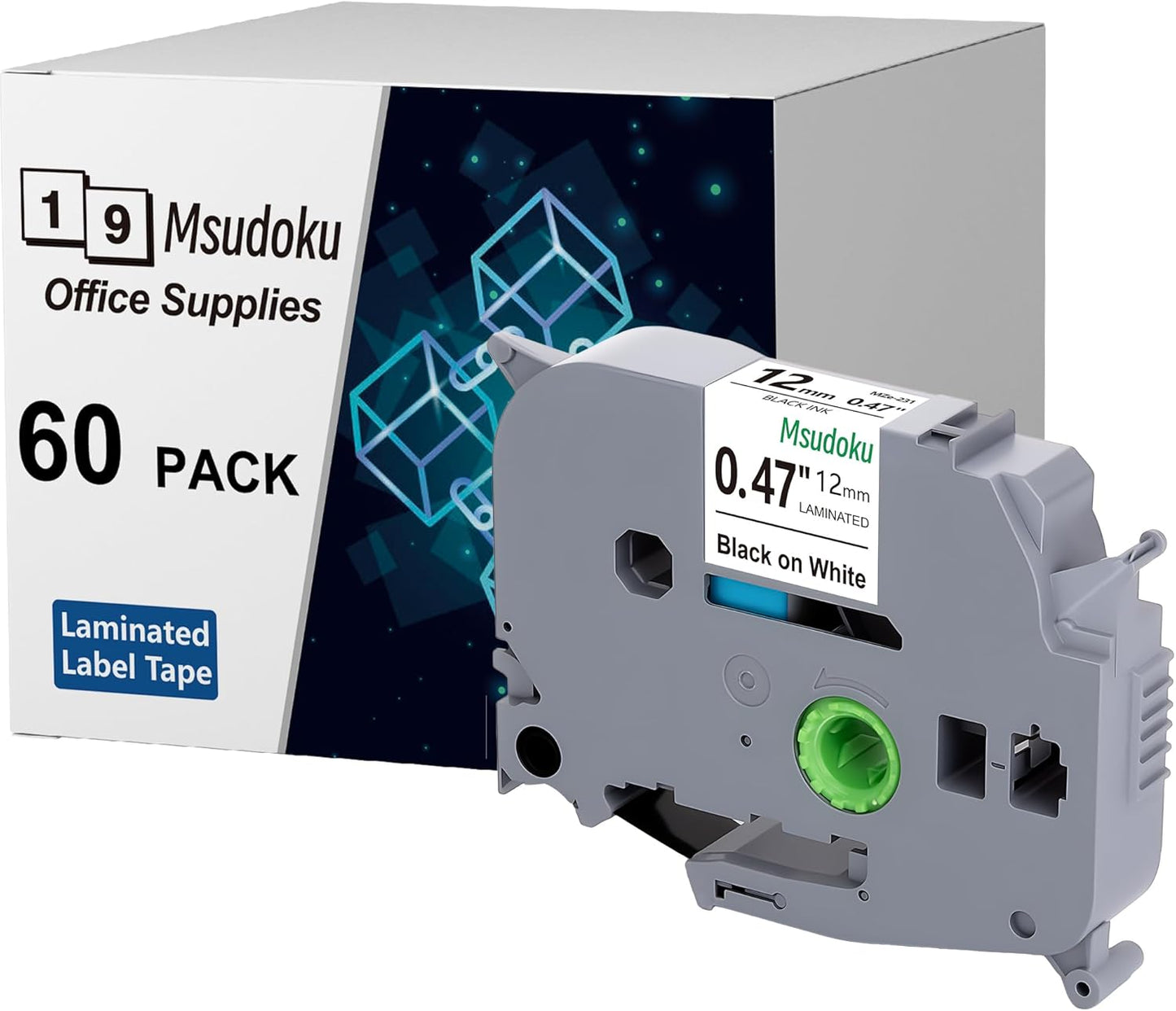 Tze TZ Tape 12mm 0.47 Laminated White Compatible for Brother Label Maker Tape 12mm 1/2" Black on White Tape for Ptouch PT PTD200 PTD410 D210 D220 D610 P710BT PTH110, 60-Pack