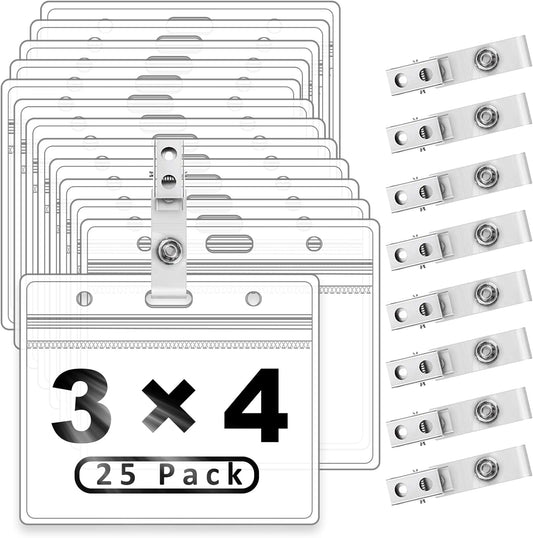 Clear Plastic Horizontal Name Tag Holders and Metal Badge Clips with Vinyl Straps Waterproof PVC ID Card Badge Holder 3x4 Inch(25 Pack, Horizontal Large 3x4)