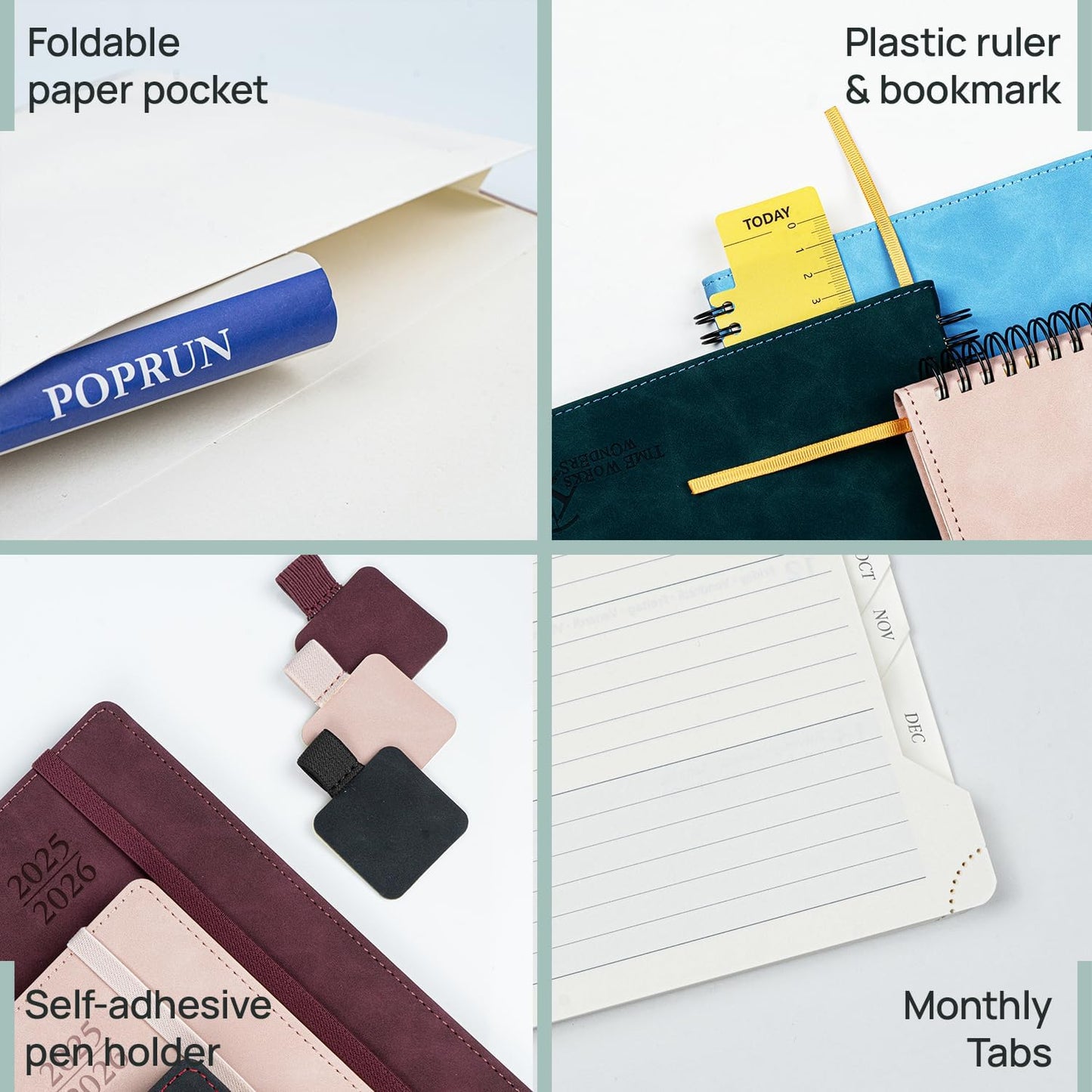 POPRUN Planner 2025-2026 Weekly Planner Notebook (Large 8.5''x 10.5'') Academic Calendar (JUL.25 - JUN.26) Appointment Book with Monthly Tabs, Spiral Soft Cover, Inner Pocket, 100 GSM - Brown