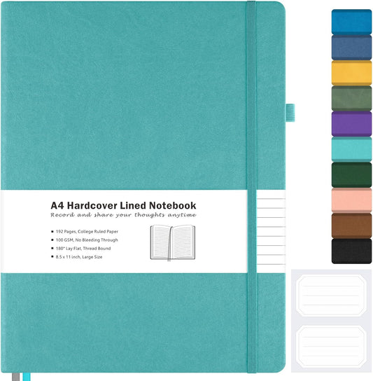 College Ruled Notebook, A4 Hardcover Leather Notebook for Work, Lined Notebook Journal for Women, Men, 192 Thick Paper, 8.5" x 11", Large Notebook with Pockets, Professional Business Notebook, Teal