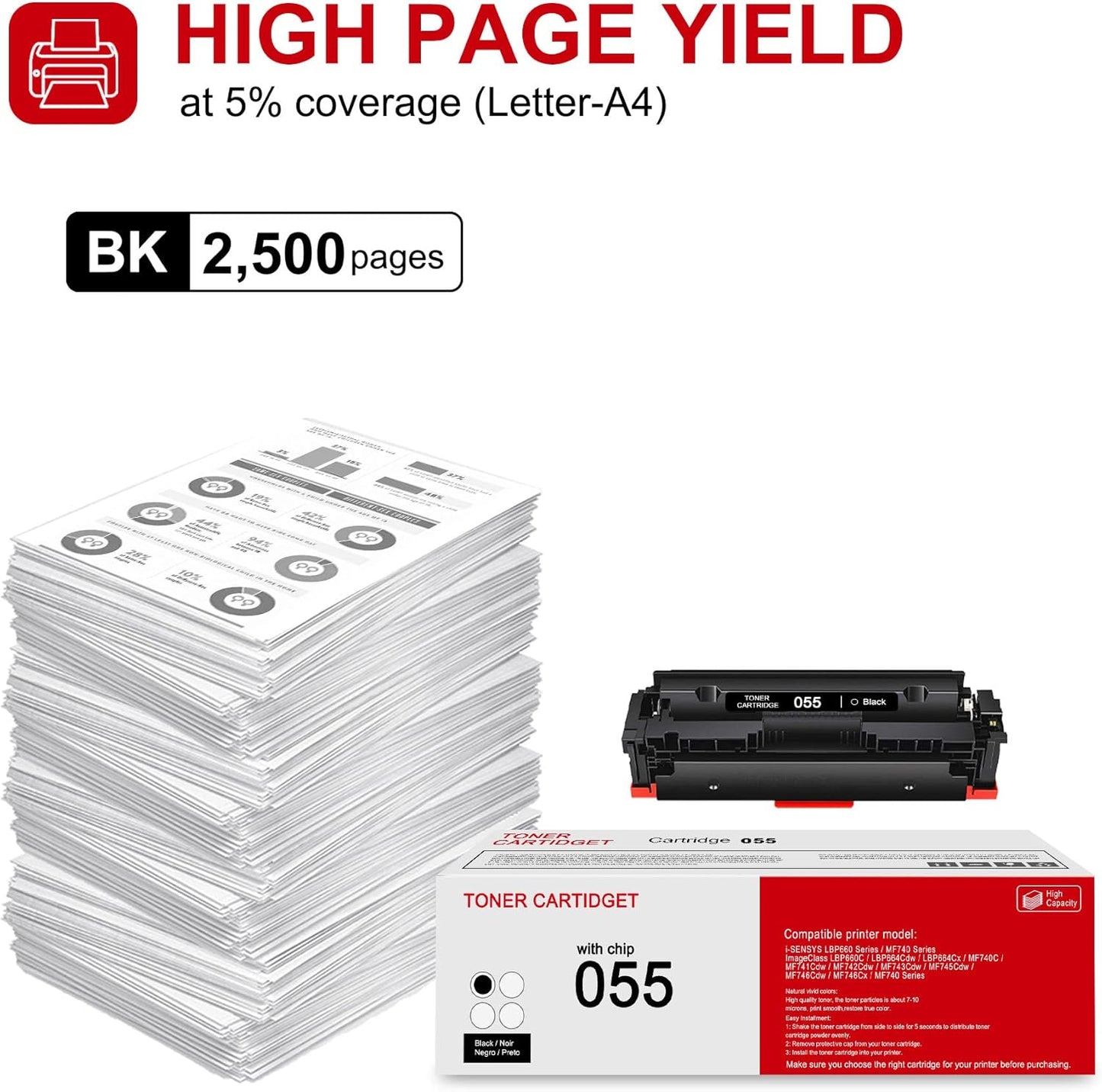 1 Pack 055 3016c001 Black Toner Cartridge: Compatible CRG-055 Replacement for Canon i-SENSYS LBP660 MF740 Series ImageClass LBP660C LBP664Cdw LBP664Cx MF740C MF741Cdw MF743Cdw MF746Cdw Series Printer