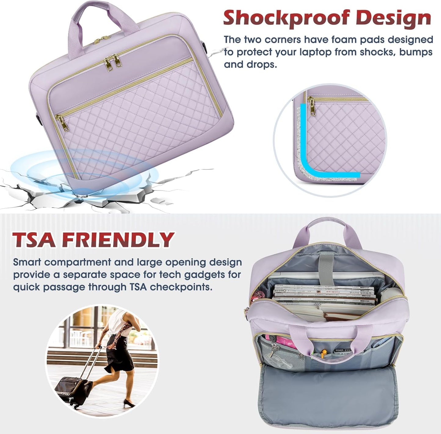 NEWHEY Laptop Bag 17.3 Inch Laptop Briefcase for Women Men Waterproof Shoulder Messenger Bag Padded Carry On Laptop Case Large College Computer Bag Professional Business Office Work Bag, Grey Purple