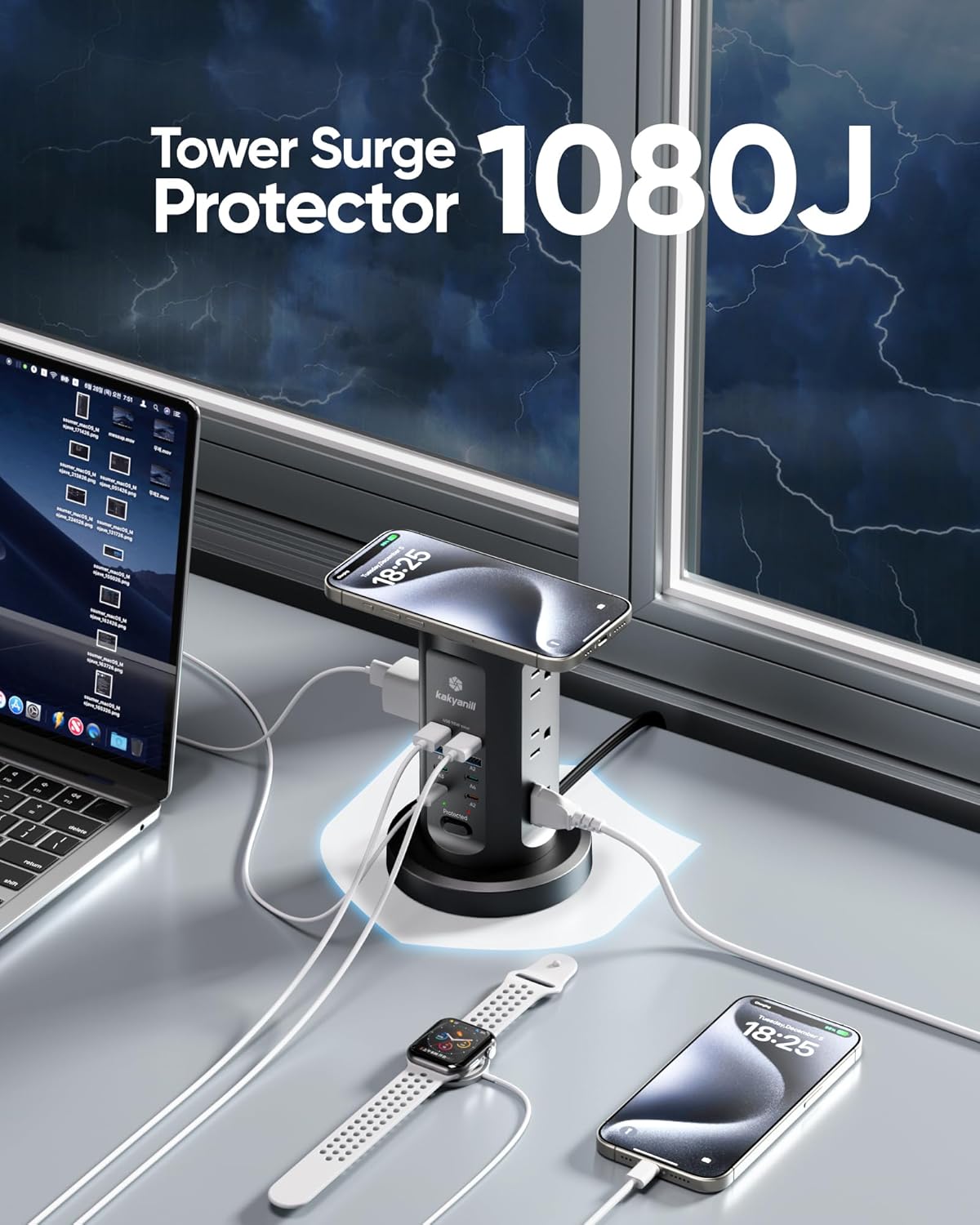 115W USB Charging Station, Surge Protector Power Strip Tower, 9 AC Outlets with 8 USB Ports(4 USB-C), 6Ft Flat Plug Retractable Extension Cord, for Home Office Dorm, Black