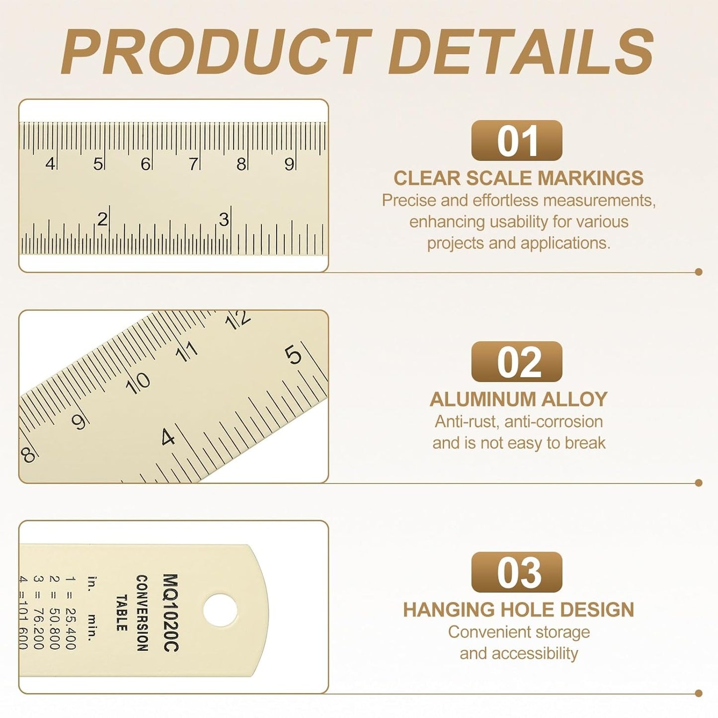 HARFINGTON 6pcs Metal Straight Ruler 20cm Metric SAE Aluminum Alloy Measuring Rulers Scale Tool with Hole for Measure Study Reading Classroom Office, White