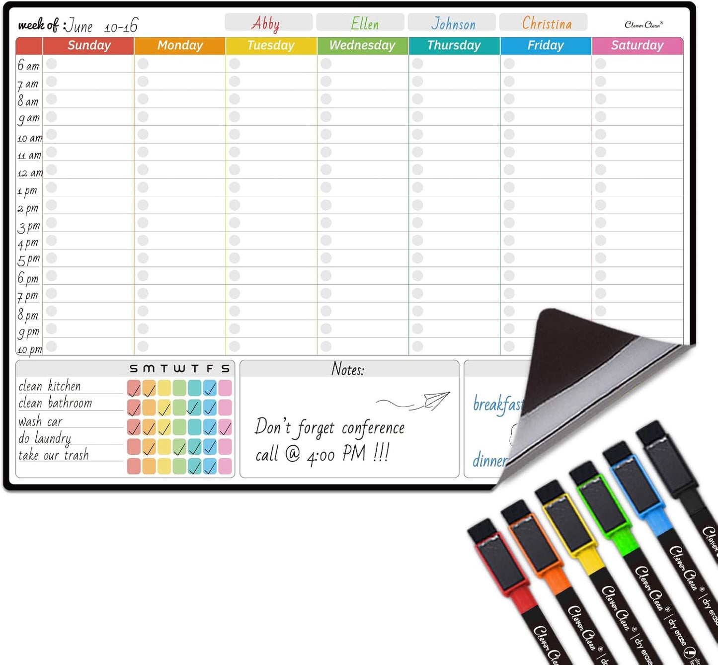 Magnetic Dry Erase Weekly Calendar for Fridge - Large 17"x12" Magnetic Weekly Planning Board with Hourly Time Slots - 6 Extra Fine Point Markers Included
