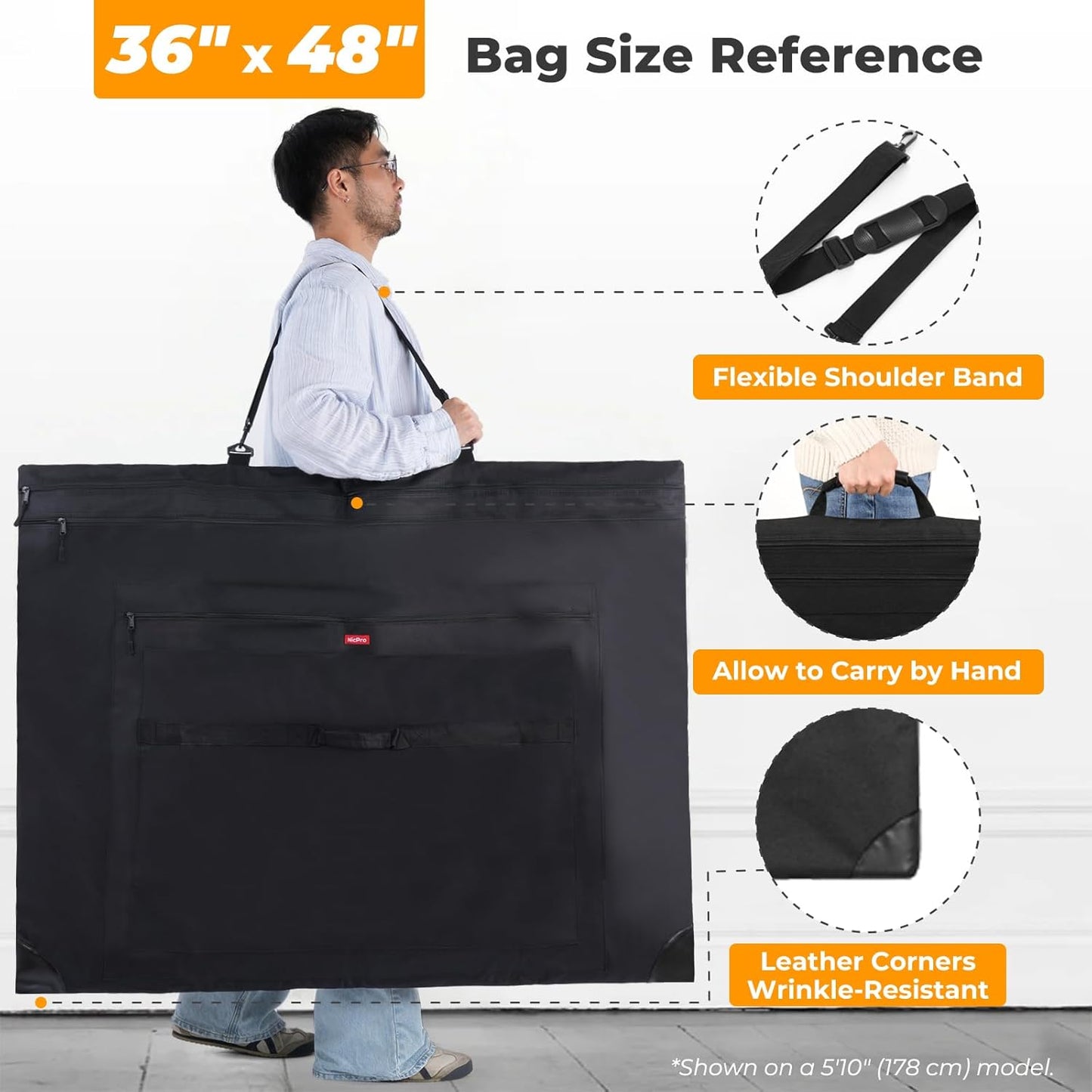 Nicpro Light Weight Art Portfolio Bag, 36 x 48 Extra Large Art Portfolio Case with Detachable Shoulder Strap, Leather Corners, Carrying Storage Case for Artwork, Canvas, Poster, Sketching, and Drawing