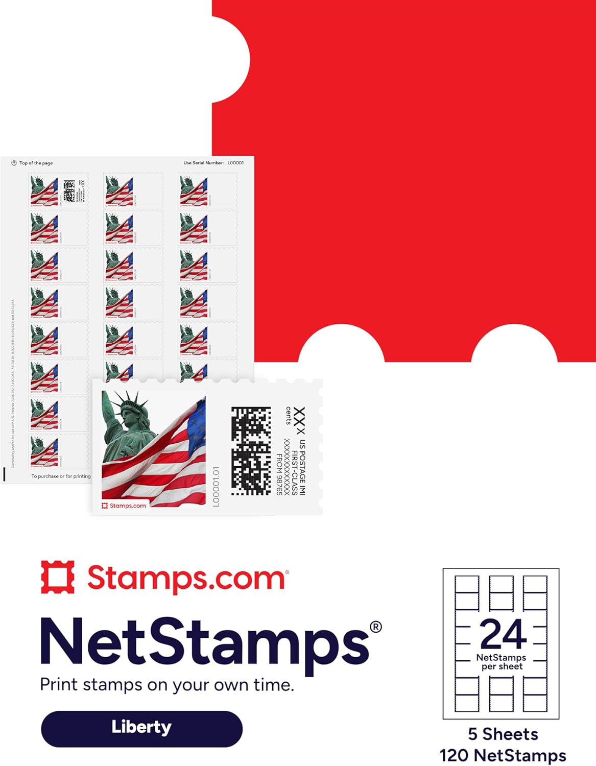 Liberty NetStamps 120-Pack (5 Sheets) Printable Postage Labels (Stamps.com Subscription Required) - Print Approved Postage - Inkjet & Laser Printers - Business, Personal, Home