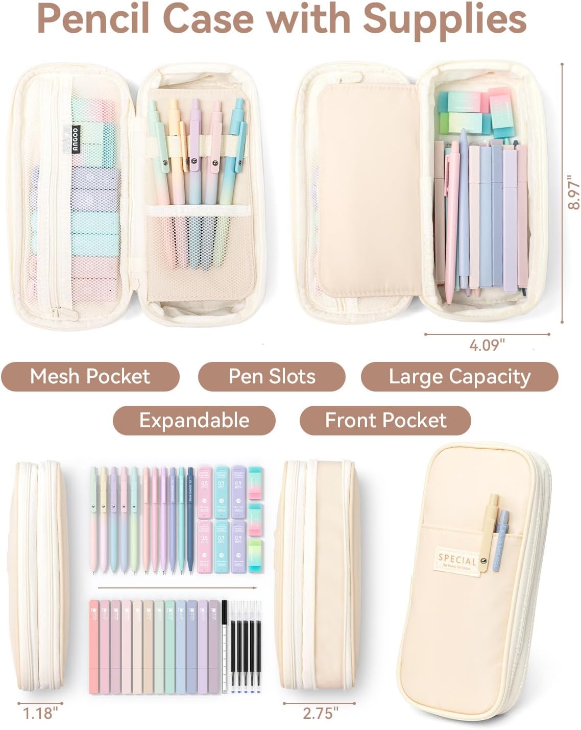 Four Candies 39 PCS Cute School Supplies with Pen Case for Girls - 5 Black Ink Gel Pens, 12 Pastel Highlighters, 6 Aesthetic Mechanical Pencils Set for Stationary College Essentials (Cream)