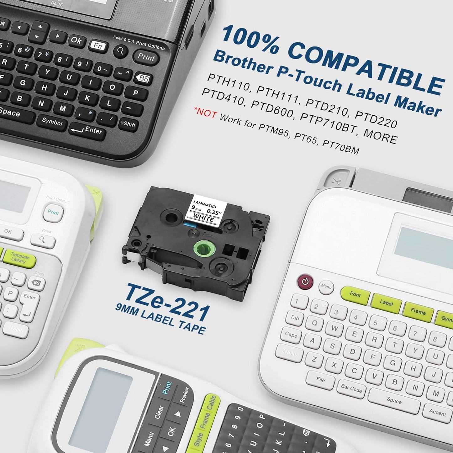 Label KINGDOM TZe-221 9mm Label Tape Replacement for Brother TZe221 TZ Tape 9mm 0.35 Laminated White 3/8 Inch Compatible with Brother Label Maker Tape PT-H110 PT-D210 PT-D220 PT-D400 PT-D600, 6-Pack