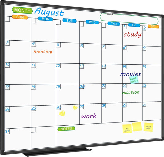 JILoffice Magnetic Dry Erase Calendar Whiteboard, 1 Month White Board Calendar Planner 48 X 36 Inch, Black Aluminum Frame Wall Mounted Board for Office Home and School