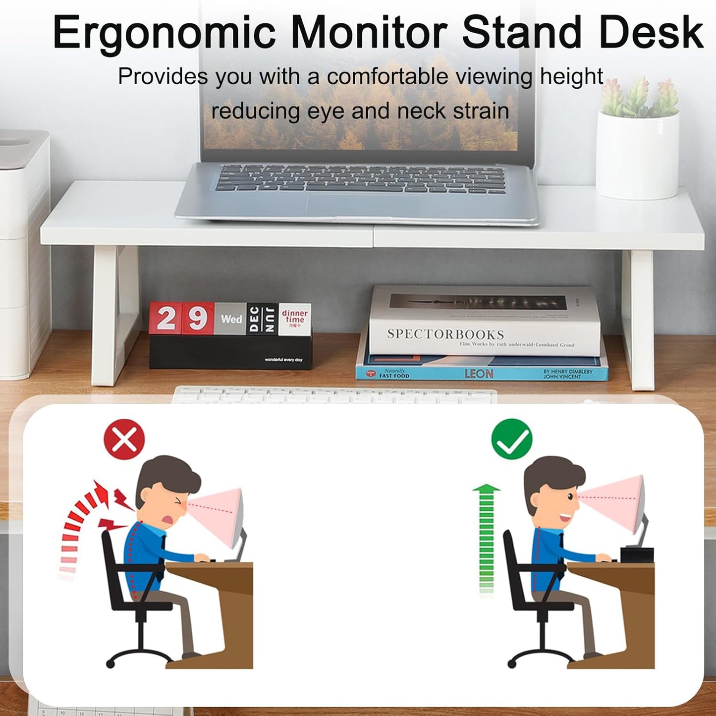 TEAMIX 24 inch Monitor Stand Riser, White Wood & Steel Computer Monitor Stand with Storage, Laptop, PC, Printer Stand Riser for Desktop Office Desk Organizers