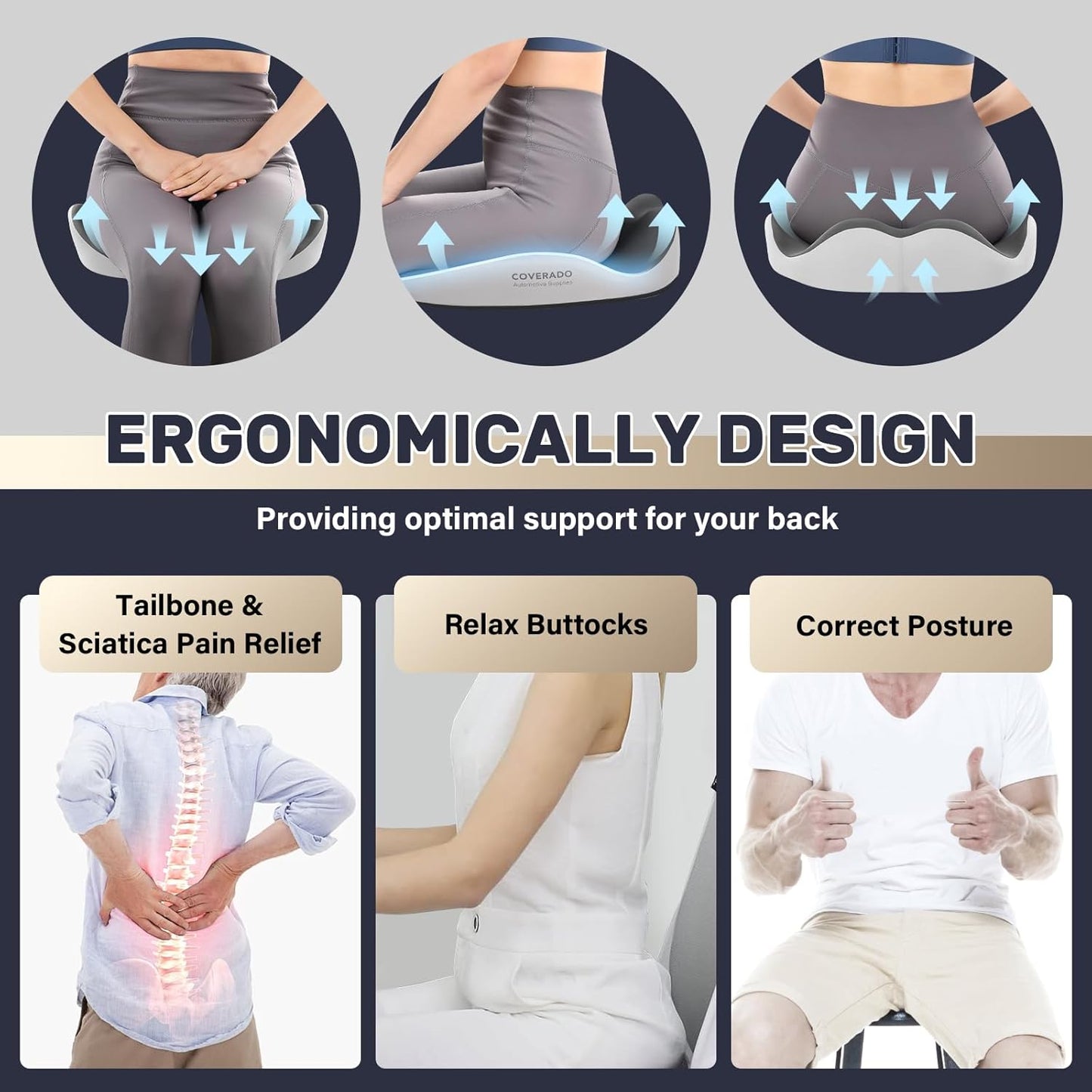 Coverado Car Seat Cushion for Car Seat Driver/Passenger, Memory Foam Seat Cushions for Office Chairs, Tailbone Pain Relief Cushion, Sciatica & Back Support Black&Gray