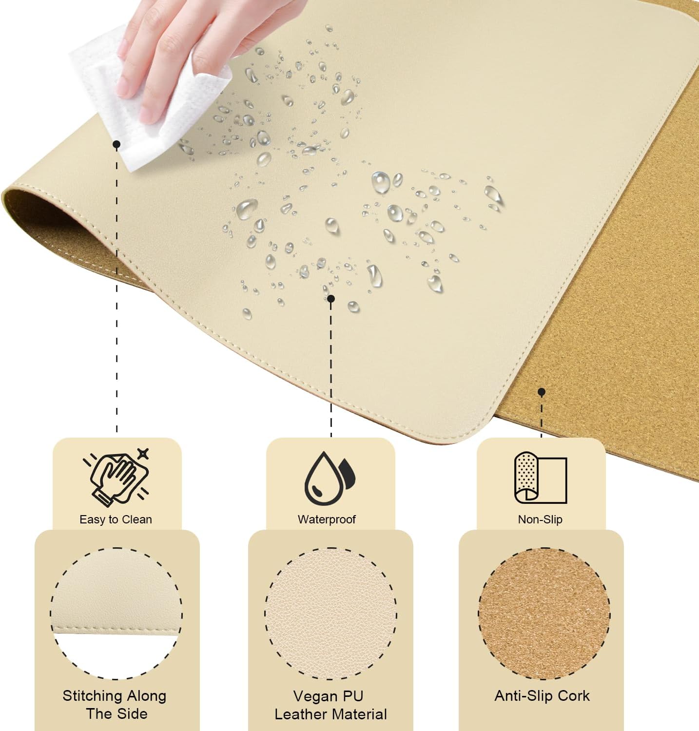 BLESWIN Large Desk Pad 35.4"" x 17"", Non-Slip Desk Mat with PU Leather & Natural Cork, Waterproof Writing Desk Natural Cork, Computer Mat Desk Protector for Office Home, Apricot