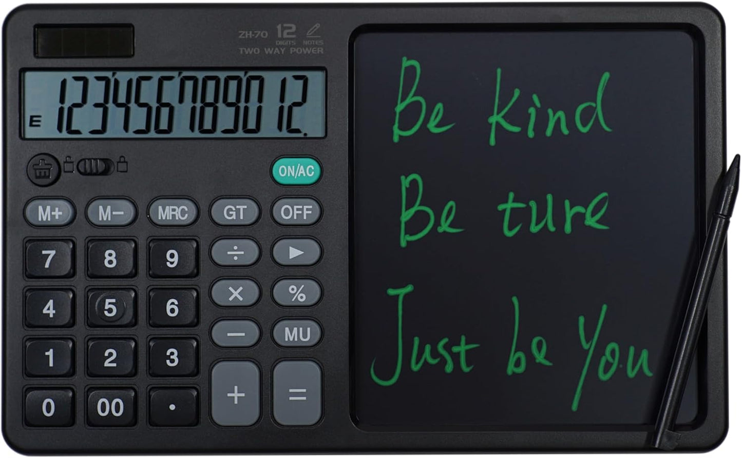 Desk Calculator Large Display with 7'' Erasable Writing Pad, 12 Digits Large Screen Display Jumbo Calculadora, Solar & Battery Powered Big Button Calculators for Business Office School, Black