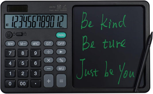 Desk Calculator Large Display with 7'' Erasable Writing Pad, 12 Digits Large Screen Display Jumbo Calculadora, Solar & Battery Powered Big Button Calculators for Business Office School, Black