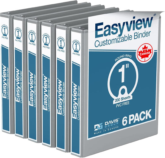 Easyview Premium 3-Ring Binders with Clear-View Covers and Round Rings, Binders for School or Office, 1 Inch, Pack of 6, Gray