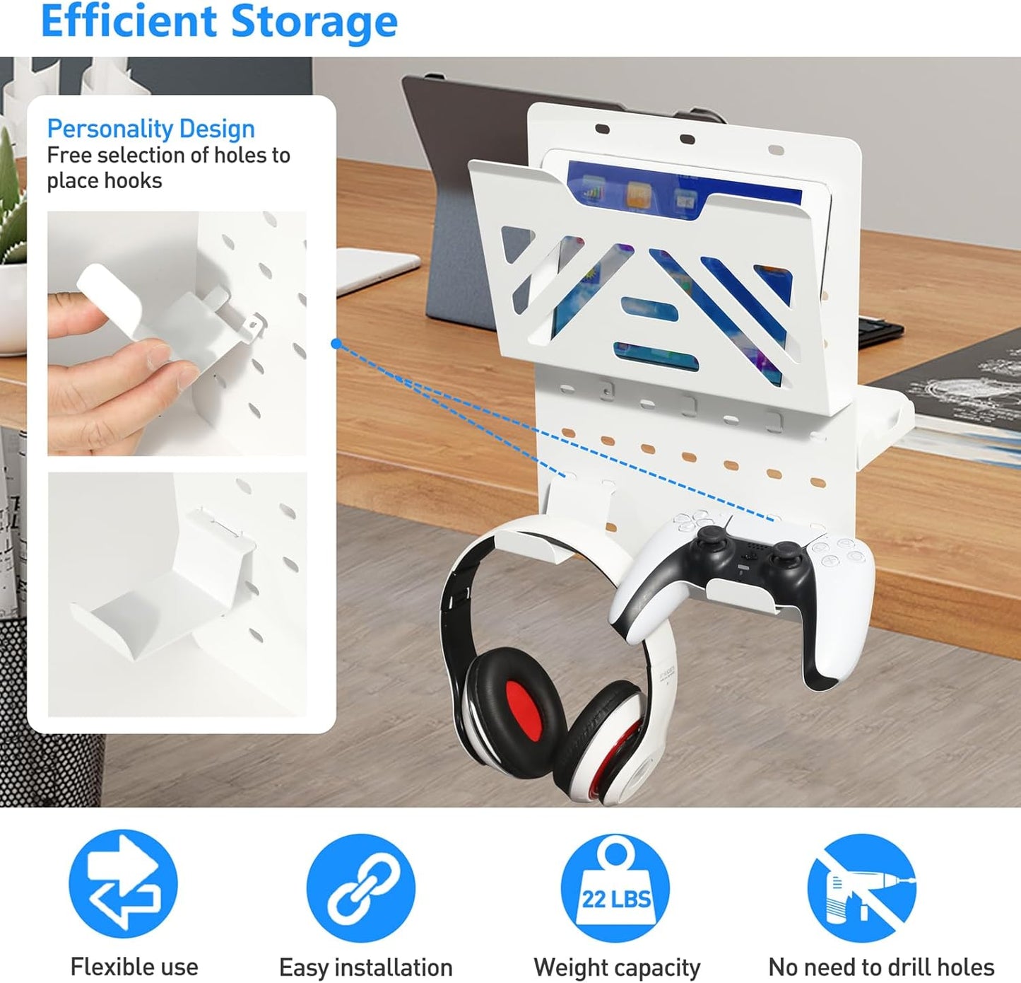 MAXECHO Desk Side Storage Holder, Metal Pegboard, Above or Under Desk Laptop Mount, Table Side Hanging File Organizer, Clamp On Cable Management Tray, Peg Board for Gaming, Office