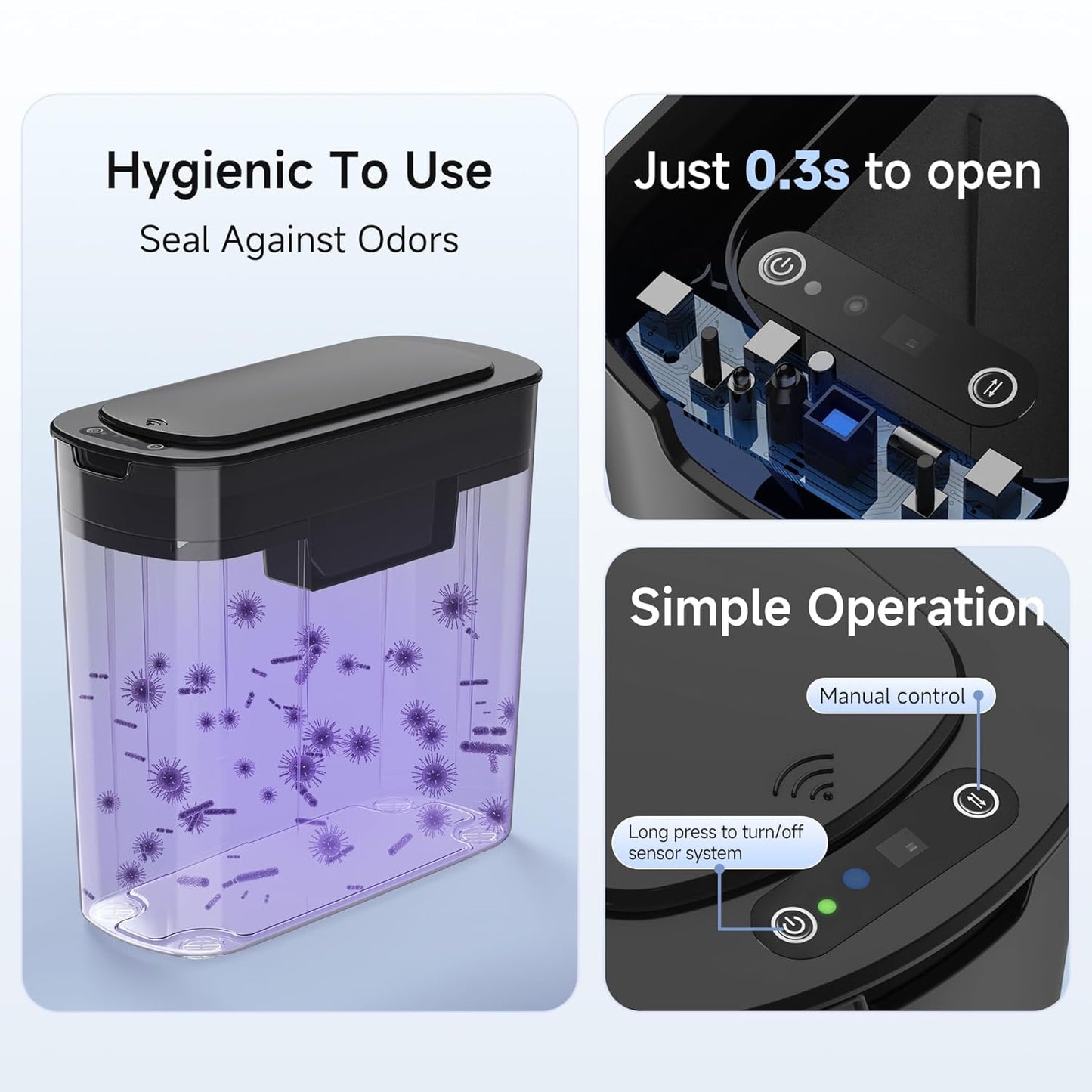 5 Gallon Motion Senor Bathroom Trash Can with Lid, Automatic Garbage Can Touchless, Smart Plastic Waste Basket for Narrow Spaces, Bathroom, Office, Bedroom, Living Room (Black)