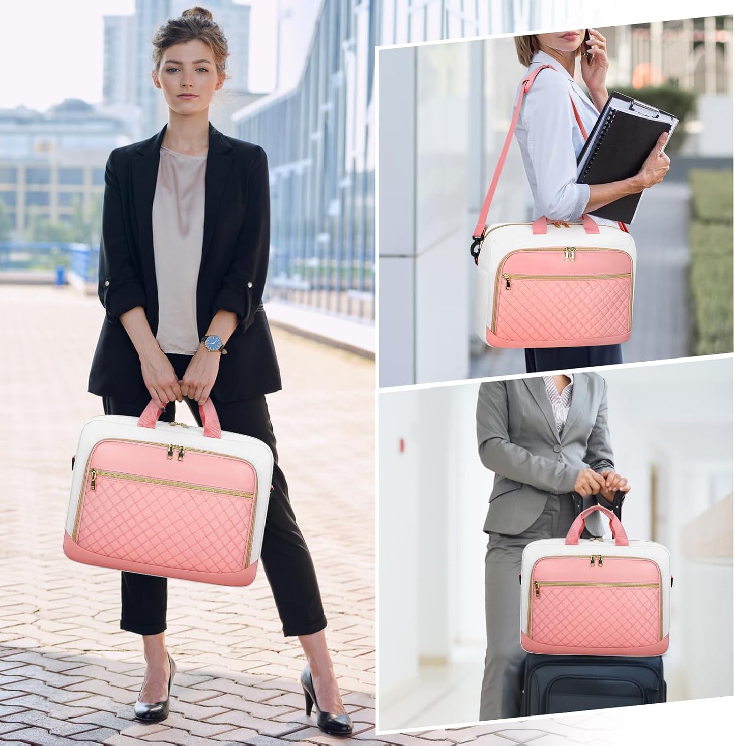NEWHEY Laptop Bag 17.3 Inch Laptop Briefcase for Women Men Waterproof Shoulder Messenger Bag Large Computer Bag for Business Office Work College, Pink&Beige