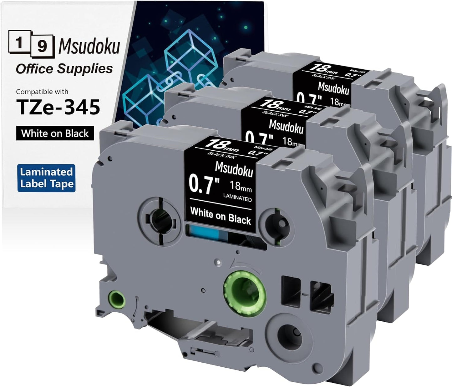 Tze Tz Tape 18mm 0.7 Laminated Black Compatible for Brother P Touch Label Maker Tape TZe-345 TZe345 Label Tape for PT D400 D600 D610 P710BT, White on Black, 3/4 Inch x 26.2 Feet, 3-Pack