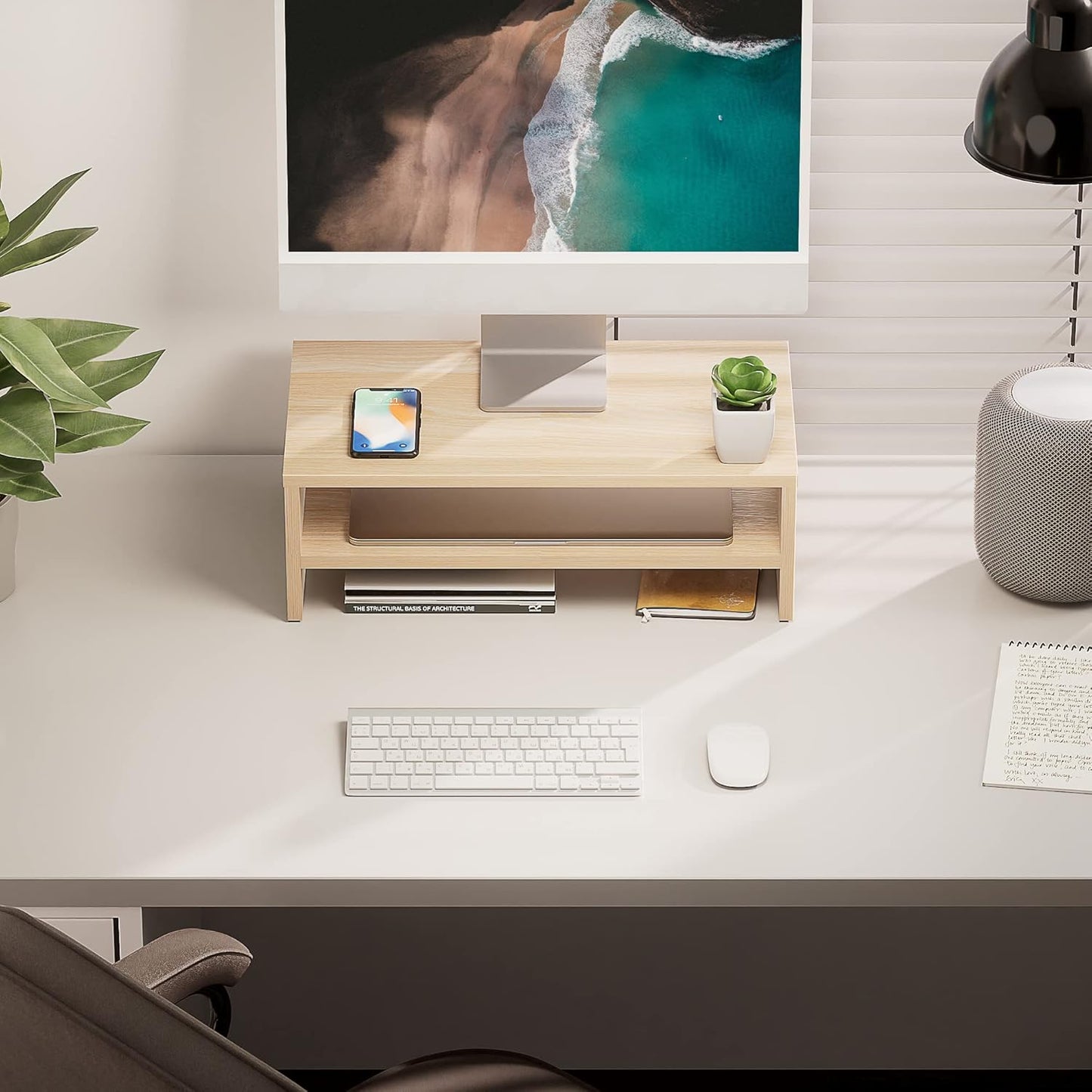 FITUEYES Monitor Stand - 2 Tier Computer Monitor Riser Shelf, Wood Desktop Stand for Laptop Computer Screen, Desk Organization, Office Supplies