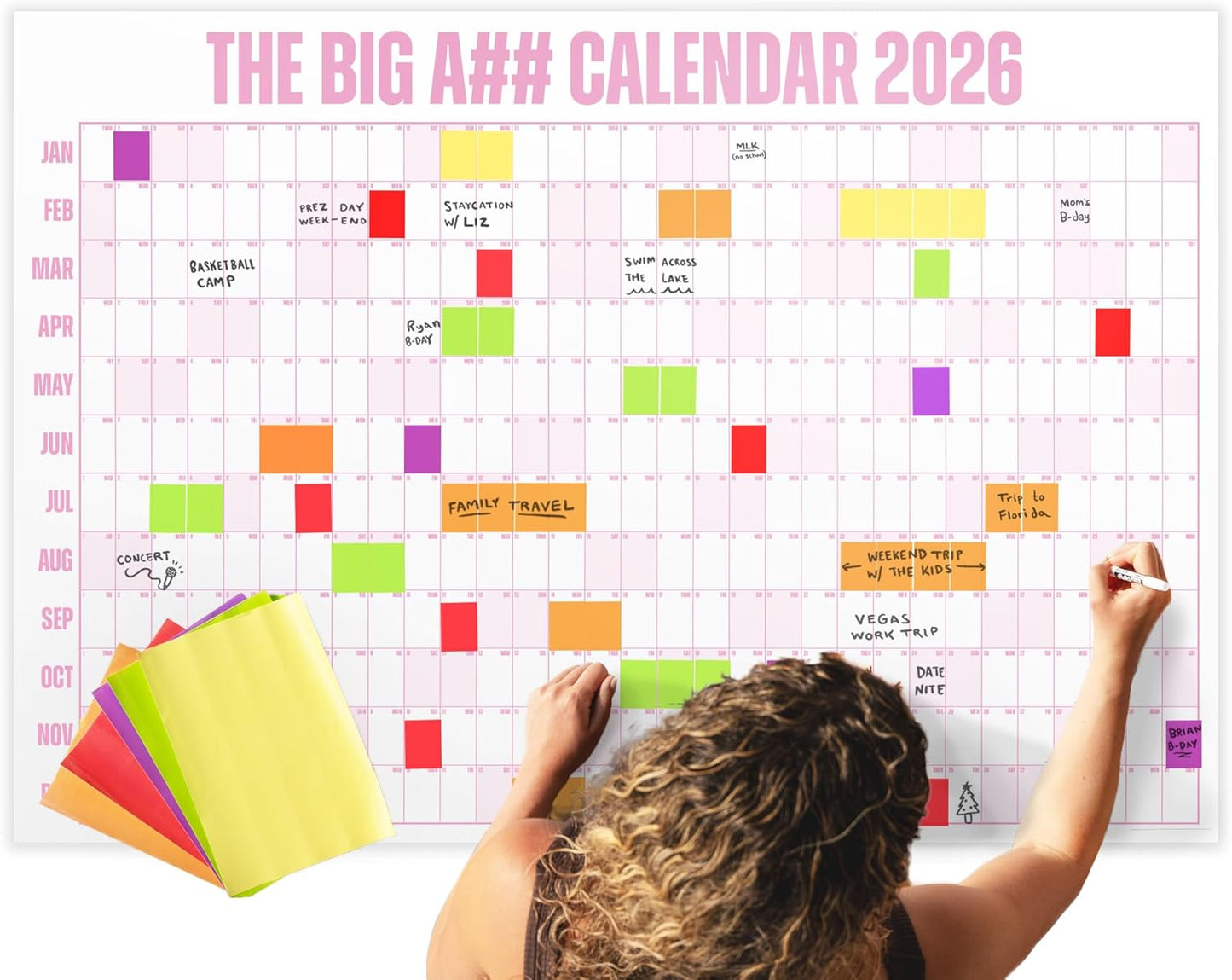 The Big A## Calendar Yearly Wall Planner – January to December Dry-Erase – Includes 1 Marker & 100 Labels – Lightweight, Easy to Hang Yearly Planner – Plan Goals & Adventures – Pink, 4’x3’
