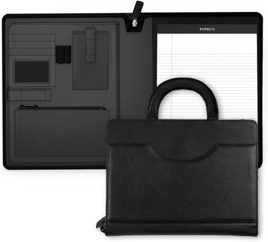POPRUN Portfolio Binder with Zipper, Leather Padfolio Document Organizer with Storage, Professional Business Briefcase ideal for Meeting Presentation Work-Includes 50 Sheet Writing Pad, Black