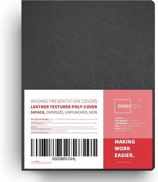 Binditek 50 Pack 16 Mil Leather-Textured Heavyduty Polycovers, Oversize Plastic Binding Presentation Backs, with 2 Round Corners, 8-3/4 x 11-1/4", Black, Office School Supplies