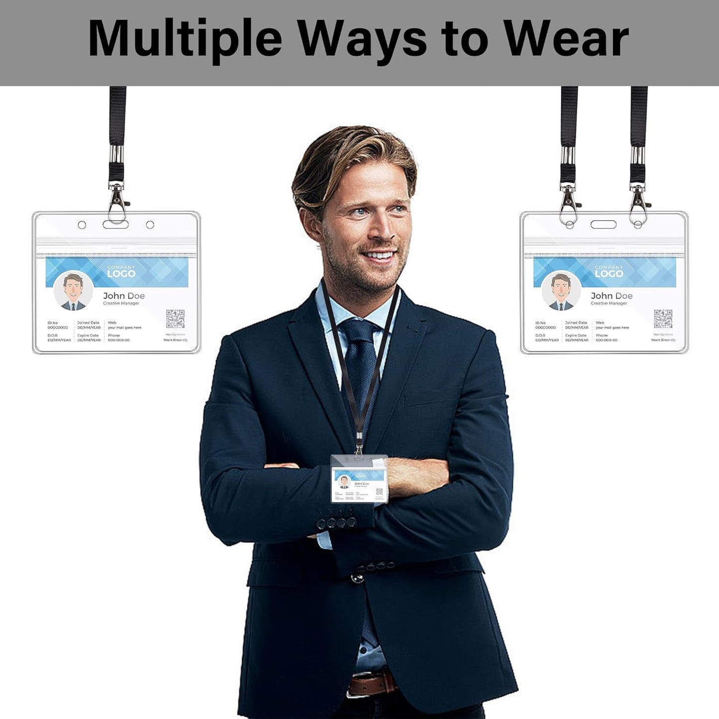 Happy Trees Badge Holder Horizontal ID Card Protector, Name Tag Badge Holders with Resealable Zip, Clear PVC Plastic Sleeves, Pass Case Credential Pouch for Office, School (50 Pack)