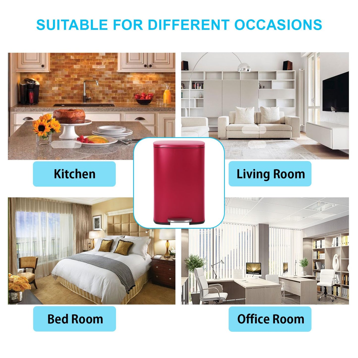 PayLessHere Stainless Steel Trash Can with Lid - Removable Inner Bucket, Foot Pedal, Soft Close for Office, Home, Kitchen (Red, 13 G)