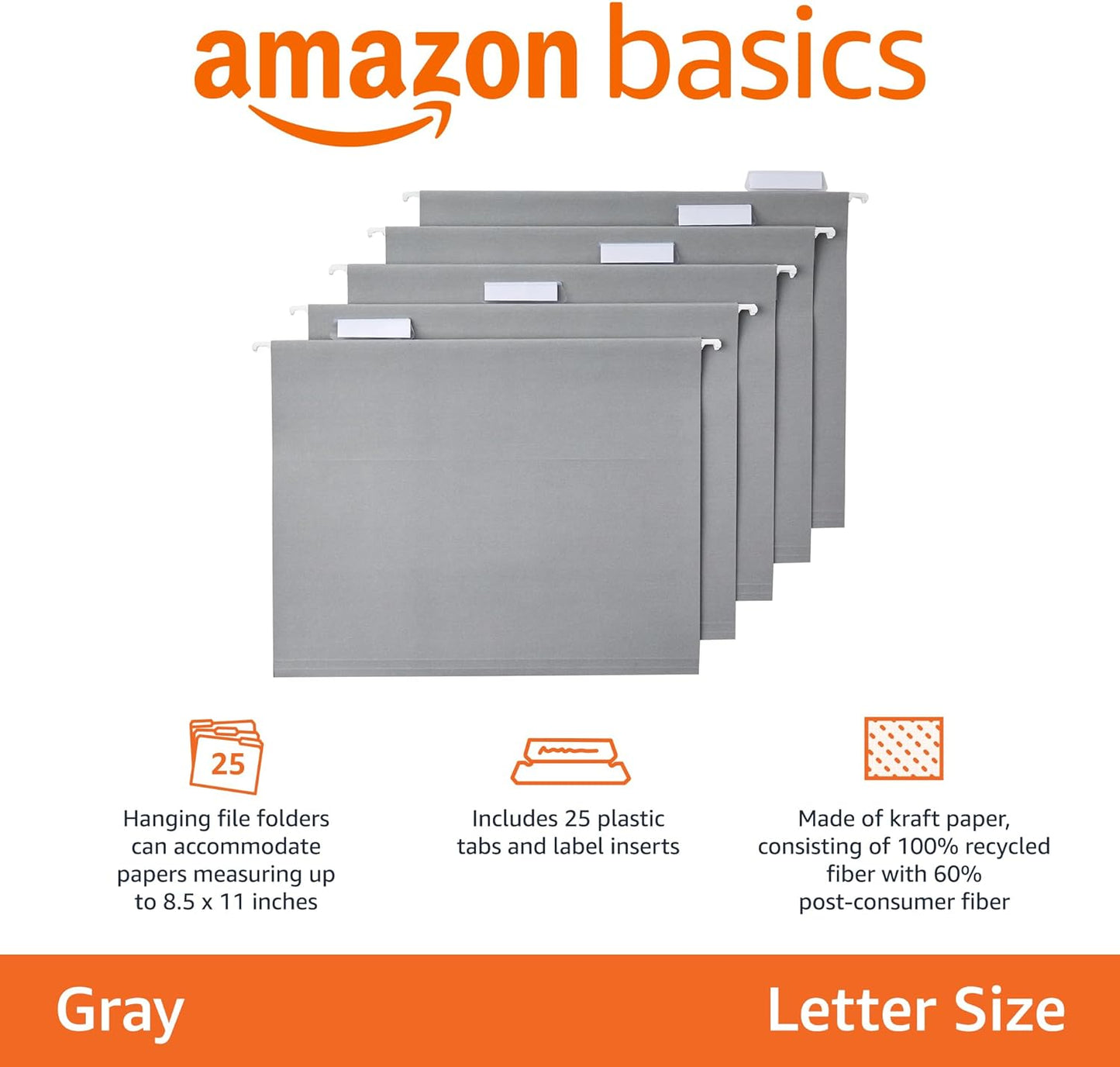 Amazon Basics Hanging File Folders, Letter Size, Gray, 25-Pack