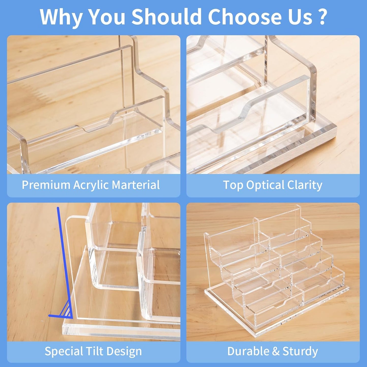 NIUBEE Clear Business Card Holder 4 Tier Acrylic Business Card Stand, 8 Slots Business Card Display for Desk Counter, 600 Card Capacity, 1 Pack