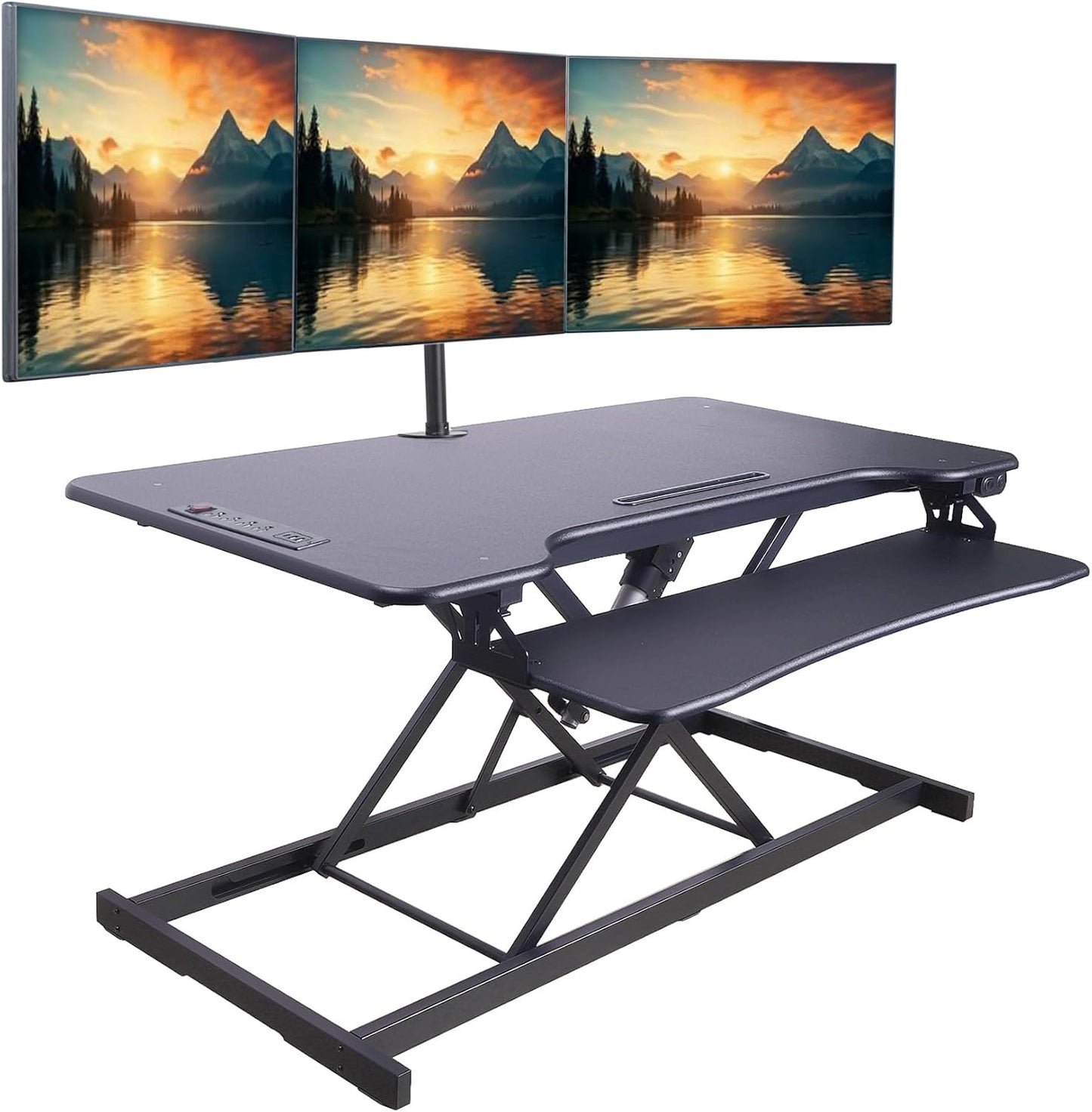 Rocelco 46" Electric Standing Desk Converter with AC Outlet USB Charger and Triple Monitor Arm Mount - Motorized Adjustable Sit Stand Riser - Tabletop Workstation Keyboard Tray - Black (R EDRB-46-DM3)