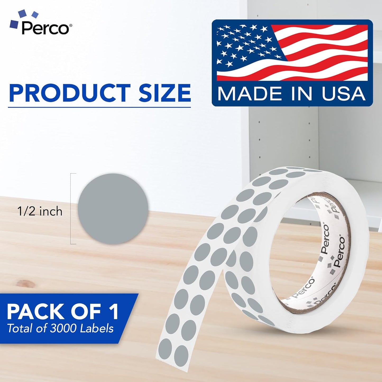 Perco Grey 1/2-Inch Round Circle Dot Sticker Labels with Easy Peel Perforation - 3,000 Labels per Roll - Strong Adhesion, Vibrant Colors for Organizing, Crafting & More - Made in USA