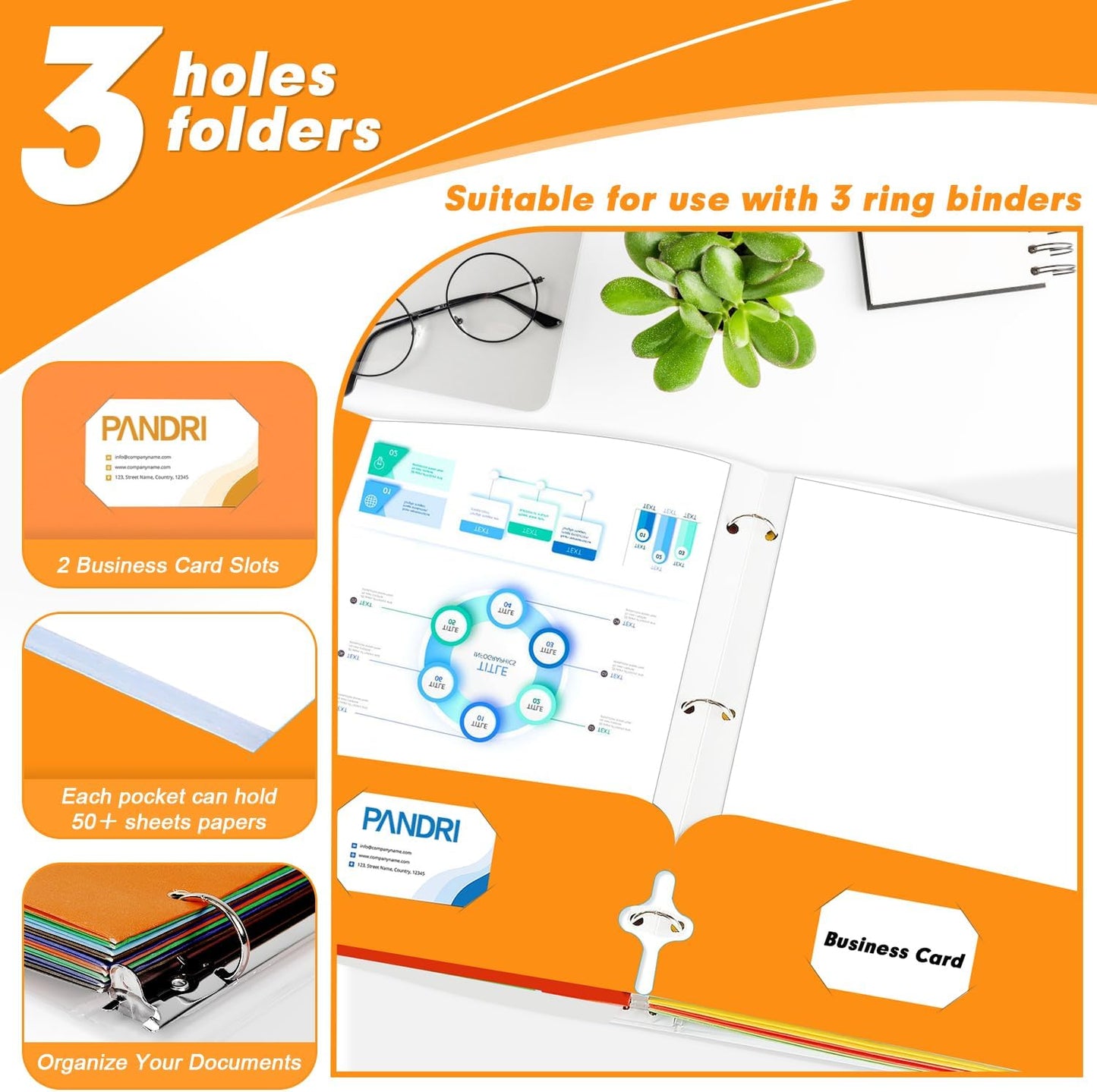 Two Pocket Portfolio Folders, PANDRI 60 Pack 3 Hole Punched 2 Pocket Folders for 3 Ring Binder, Letter Size Paper File Folder for School Office Home Business, Orange