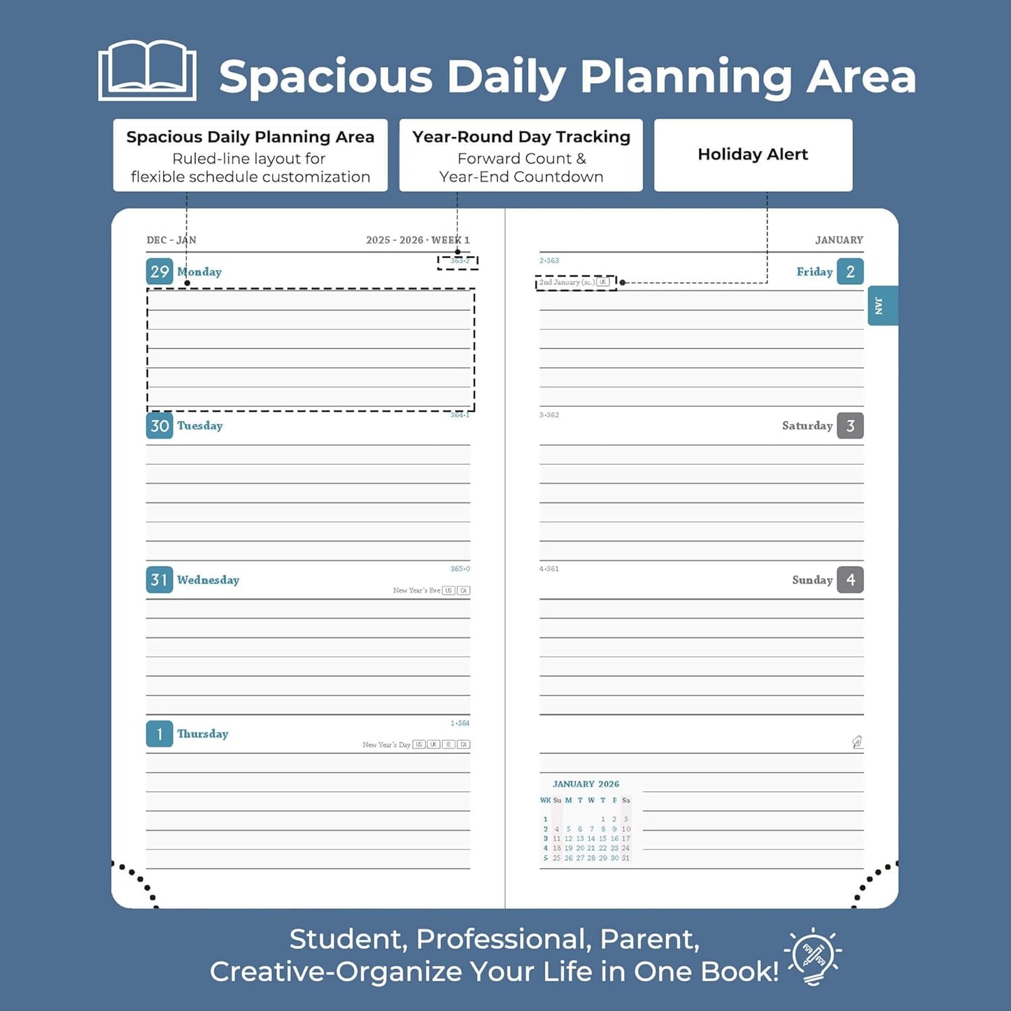Weekly Monthly 2026 Planner (Jan.26-Dec.26),6.5"x3.75",12 Months Agenda Plan with Month Tabs & Pocket,Expenses/Note Pages, Appointment Book Calendar with Hardcover Vegan Leather Cover,Blue
