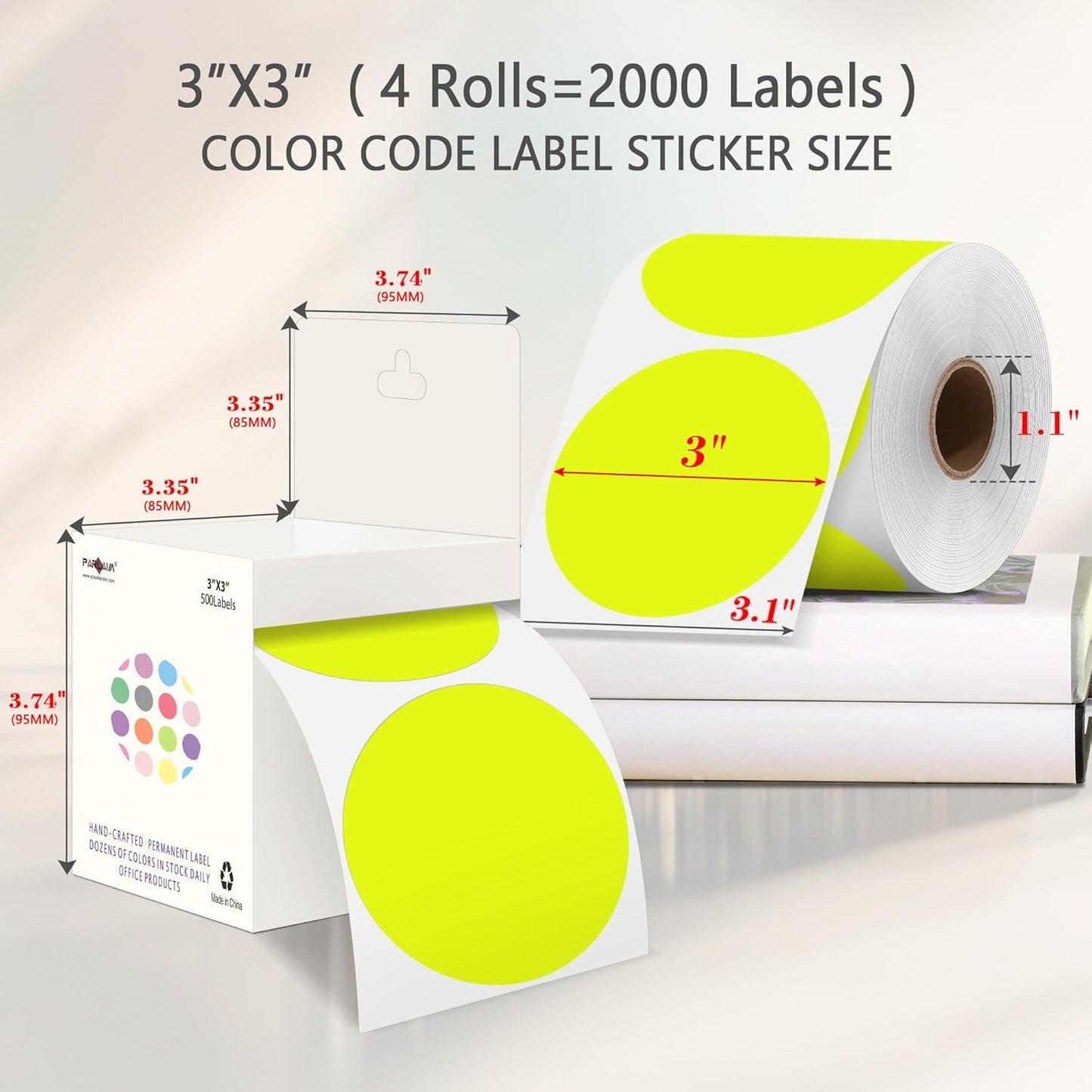 PARLAIM 3" Diameter Round Fluorescent Yellow Color Coding Sticker, 4 Rolls 2000PCS Circle Dot Label,Permanent for Inventory Box Labeling